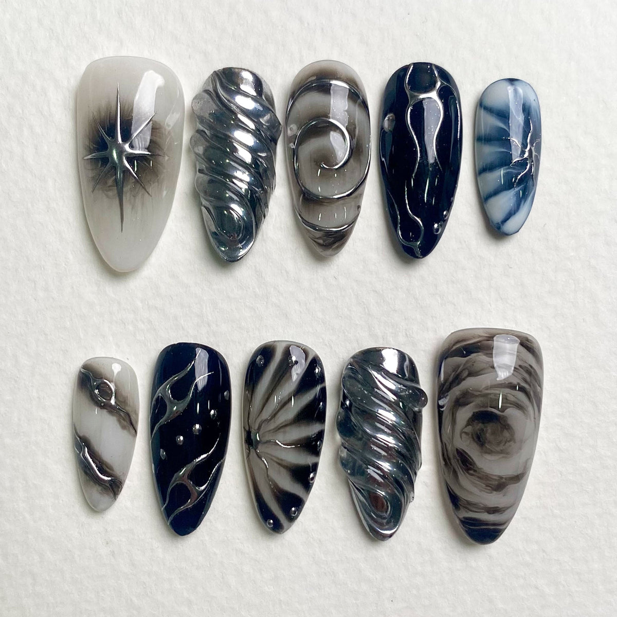 Black Grey Galaxy Press-On Nails, Cosmic Spiral Gothic Fake Nails with Chrome Swirls