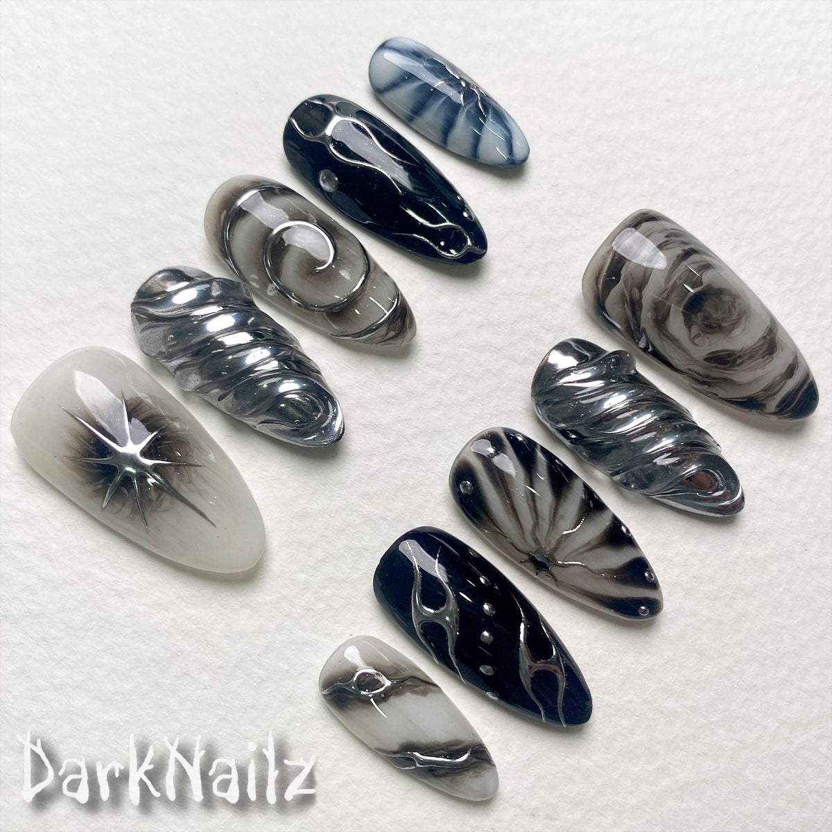Black Grey Galaxy Press-On Nails, Cosmic Spiral Gothic Fake Nails with Chrome Swirls