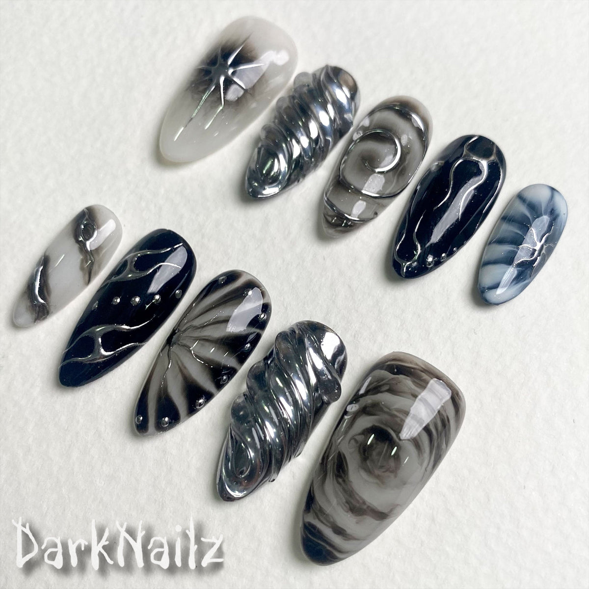 Black Grey Galaxy Press-On Nails, Cosmic Spiral Gothic Fake Nails with Chrome Swirls