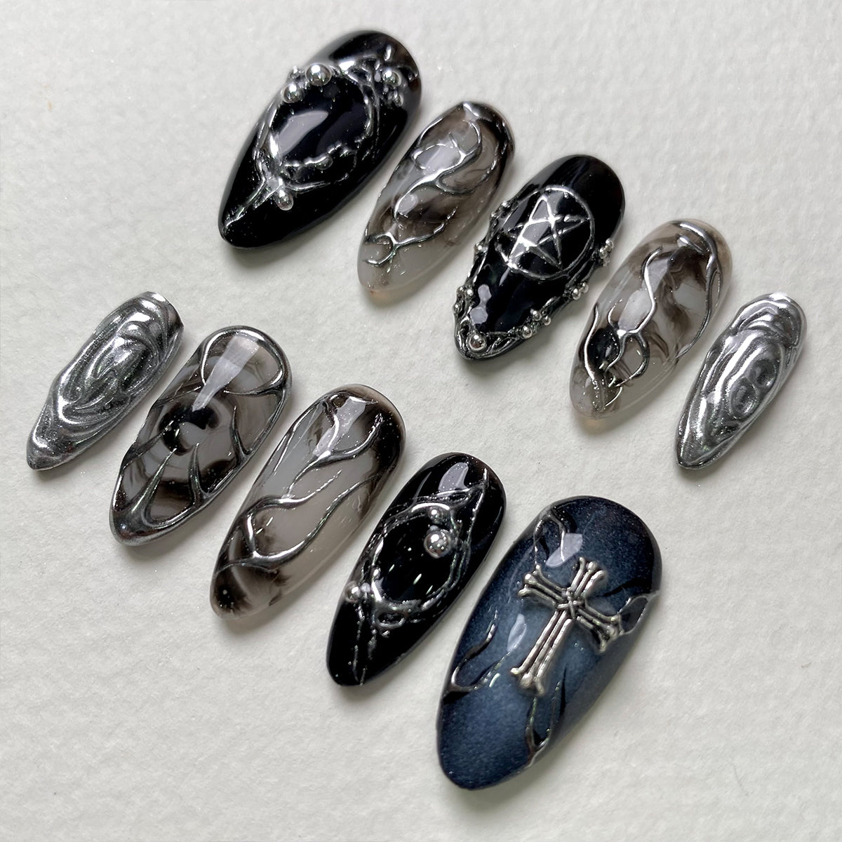 Nightbane Black Chrome Press On Nails, Gothic Dark Cross Fake Nails