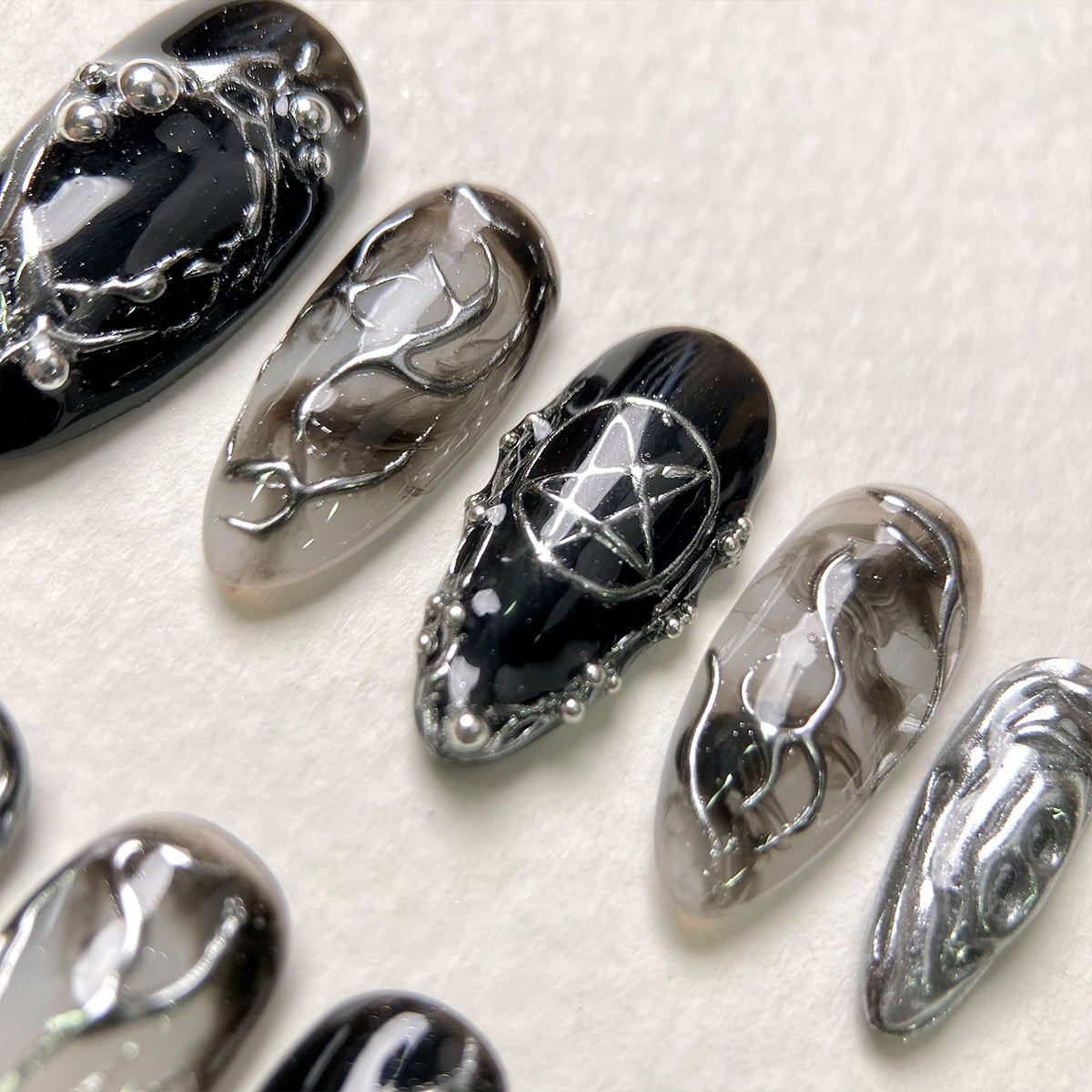 Nightbane Black Chrome Press On Nails, Gothic Dark Cross Fake Nails