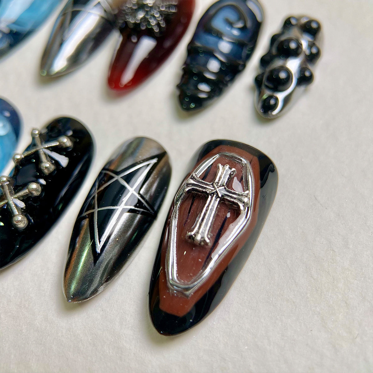 Midnight Blue Moon Gothic Cat Bat Press On Nails, Black Red Chrome Dark Vampire Fake Nails