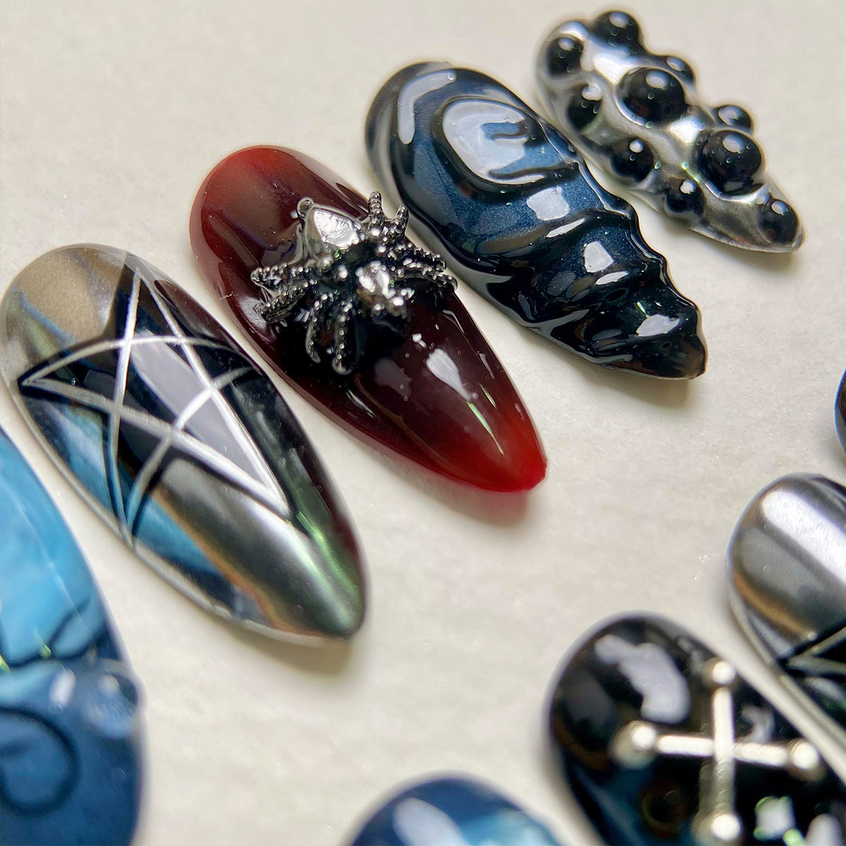 Midnight Blue Moon Gothic Cat Bat Press On Nails, Black Red Chrome Dark Vampire Fake Nails
