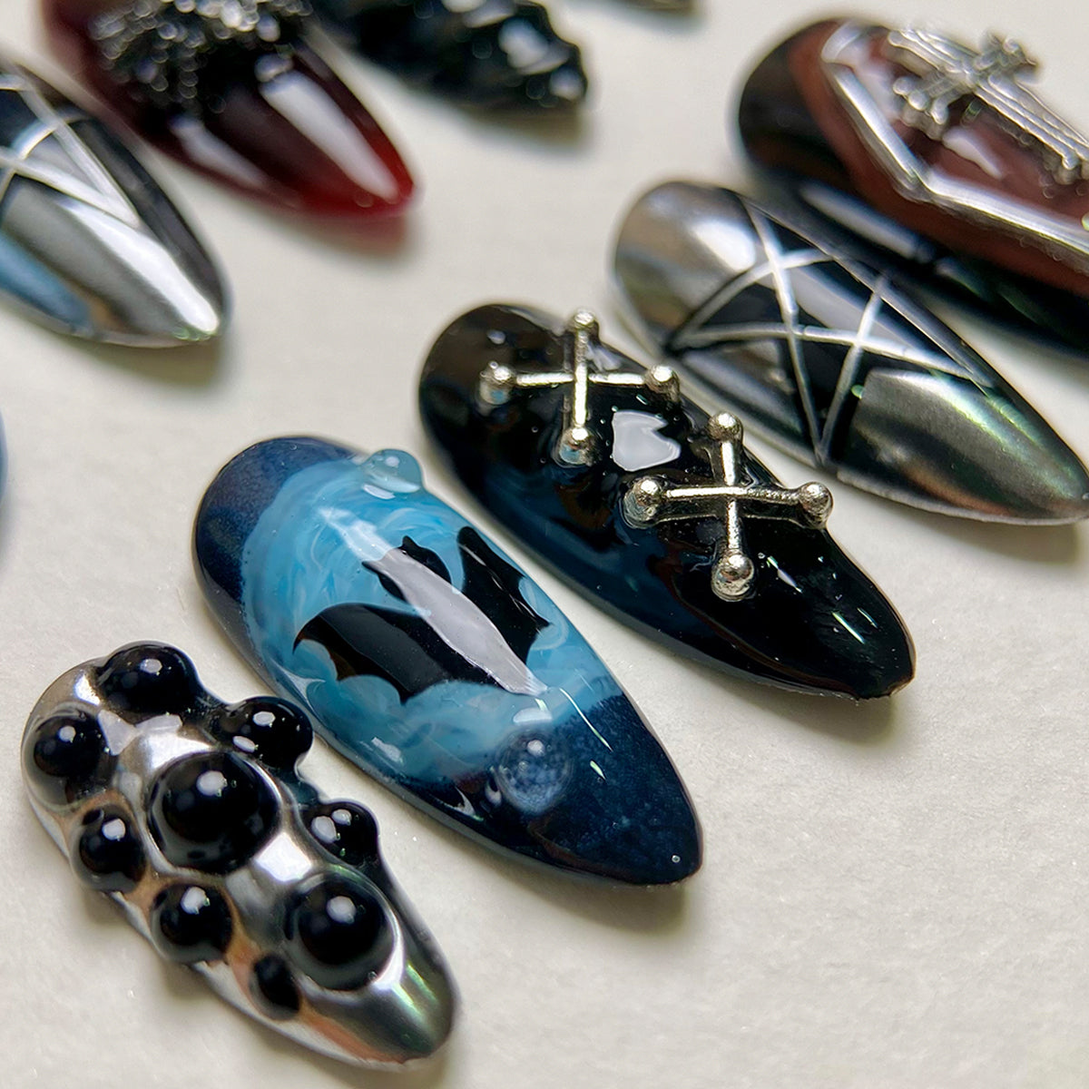 Midnight Blue Moon Gothic Cat Bat Press On Nails, Black Red Chrome Dark Vampire Fake Nails