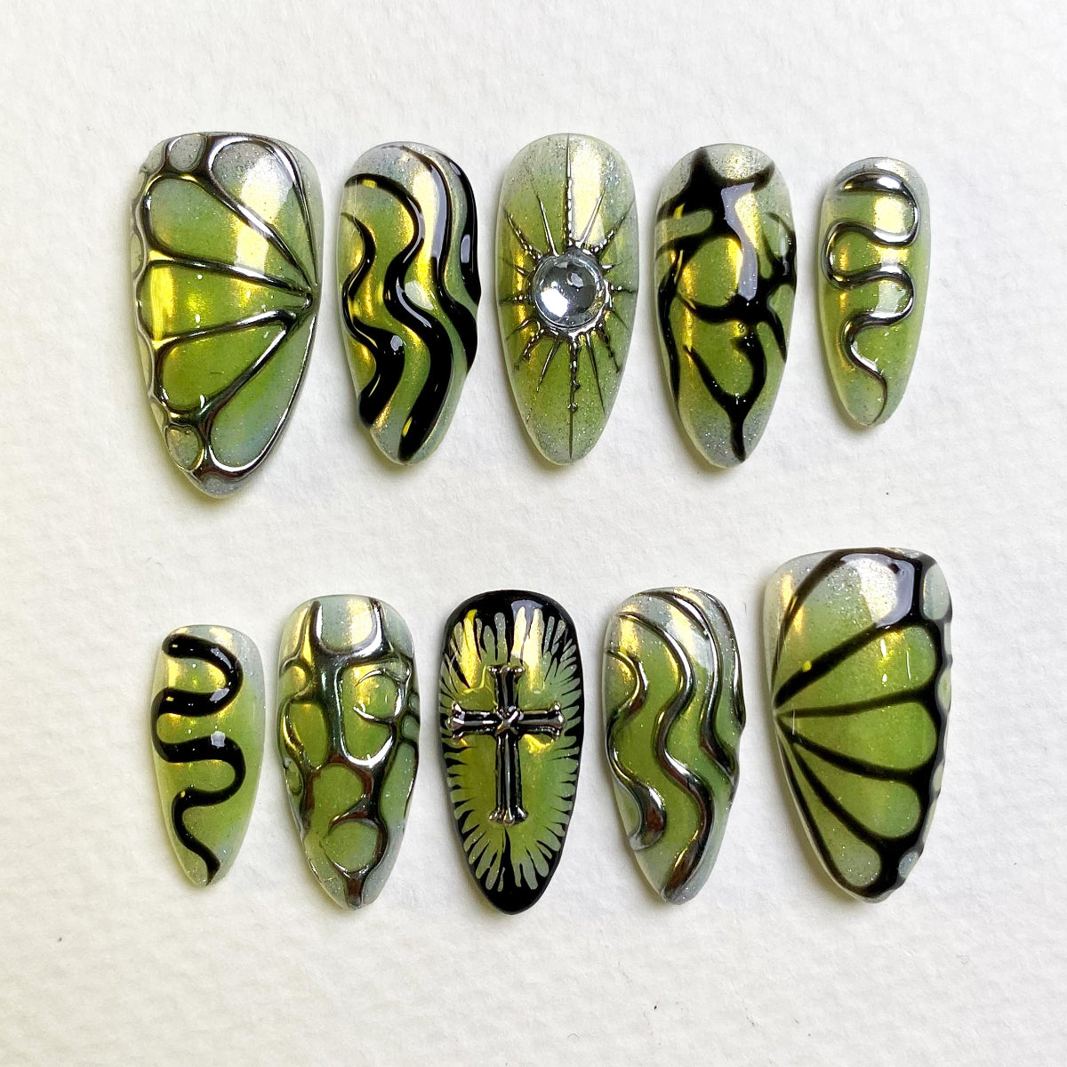 Lime Chrome Press-On Nails, Gothic Butterfly Cross Fake Nails with Neon Veins