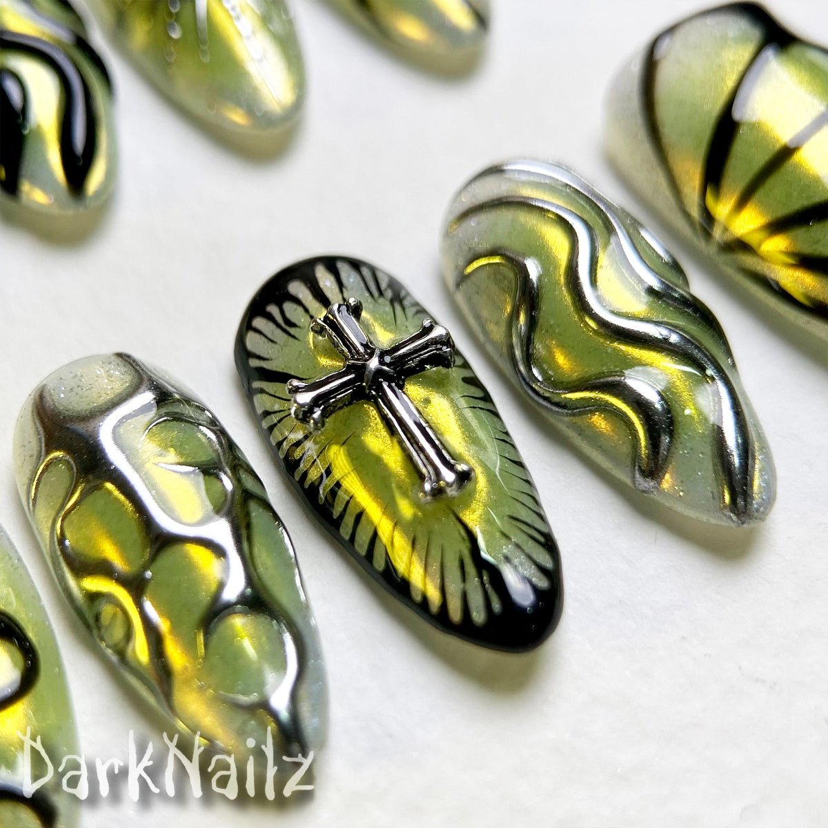 Lime Chrome Press-On Nails, Gothic Butterfly Cross Fake Nails with Neon Veins