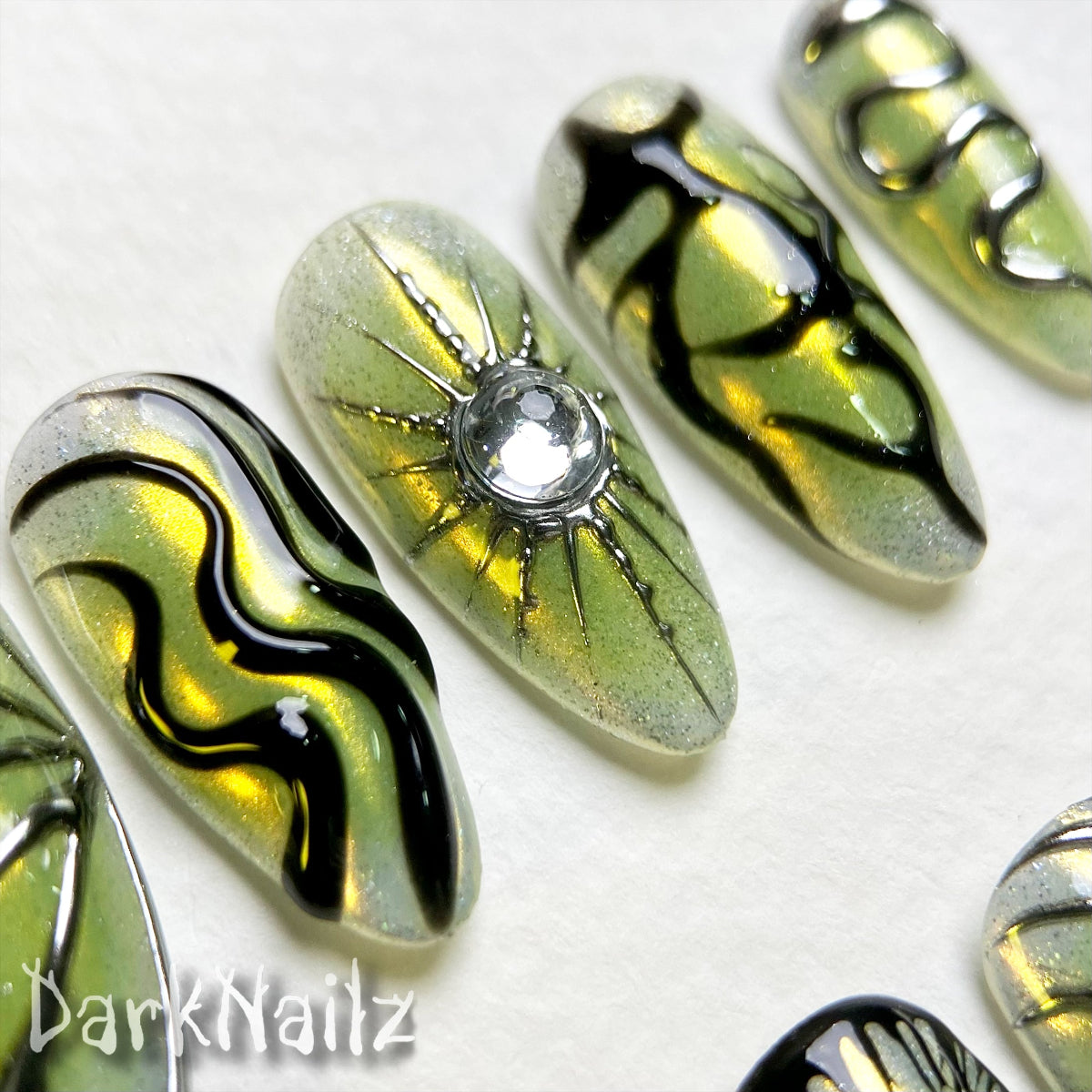 Lime Chrome Press-On Nails, Gothic Butterfly Cross Fake Nails with Neon Veins