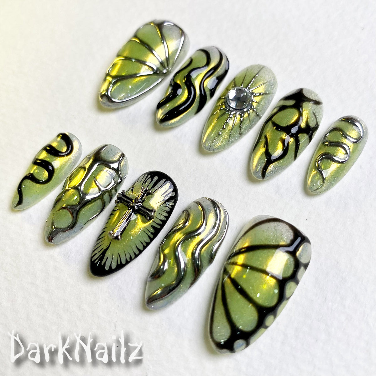 Lime Chrome Press-On Nails, Gothic Butterfly Cross Fake Nails with Neon Veins