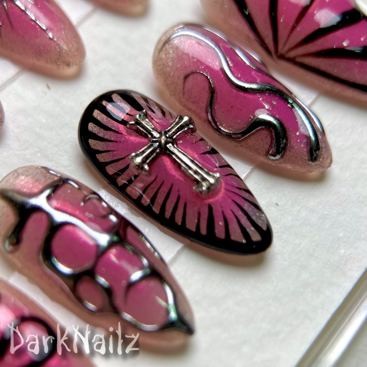 Pink Chrome Press-On Nails, Gothic Butterfly Cross Fake Nails with Vein Swirl Art