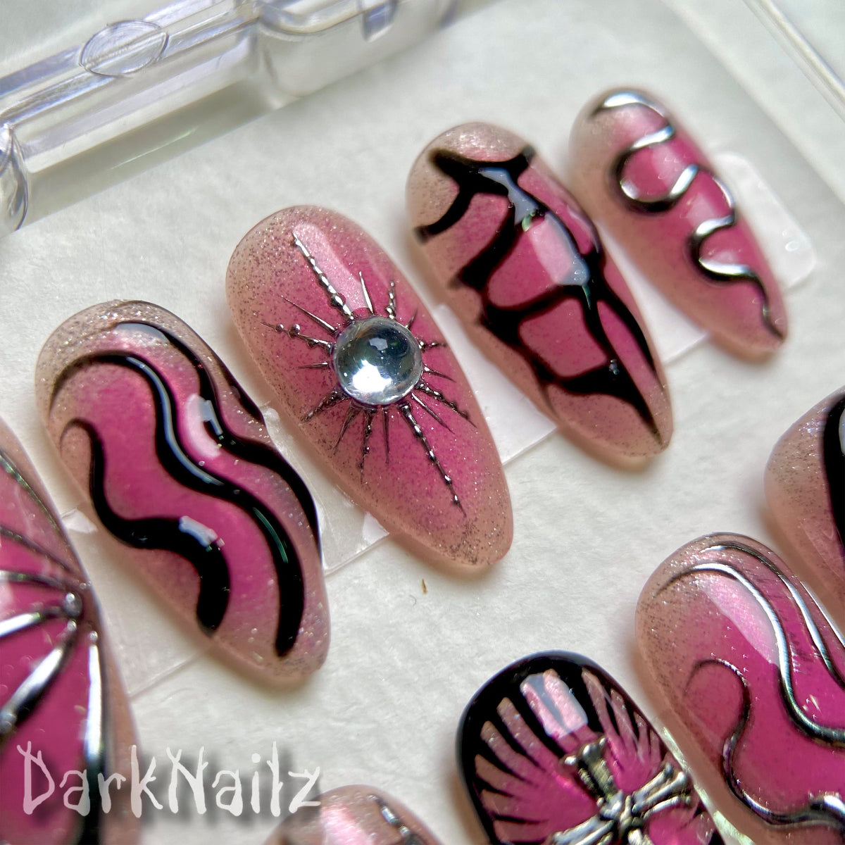 Pink Chrome Press-On Nails, Gothic Butterfly Cross Fake Nails with Vein Swirl Art