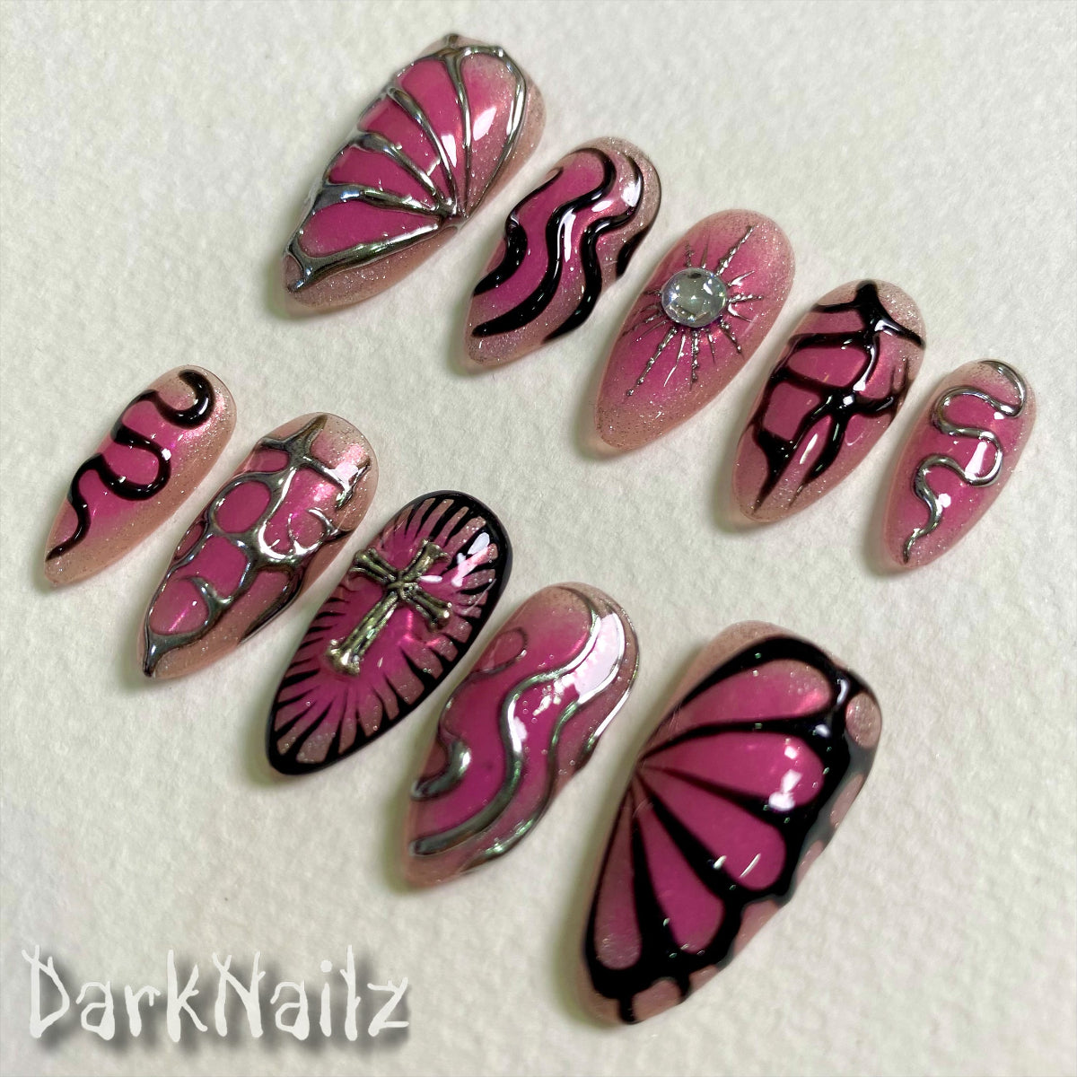 Pink Chrome Press-On Nails, Gothic Butterfly Cross Fake Nails with Vein Swirl Art