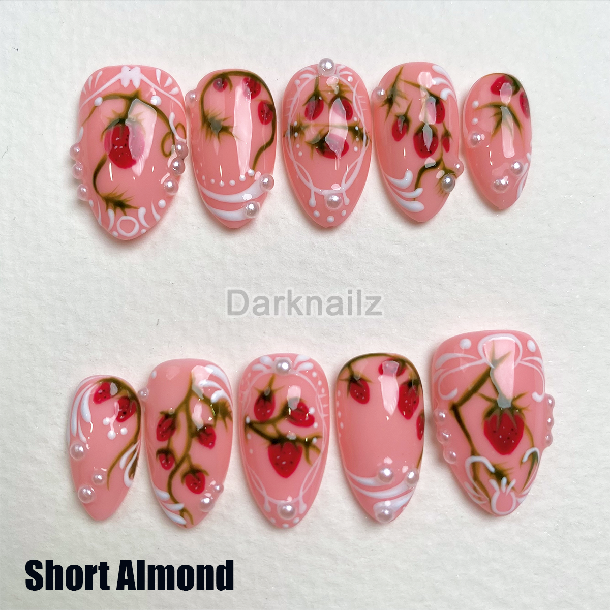 Strawberries Press On Nails, Cute Floral Pink Strawberry Nails