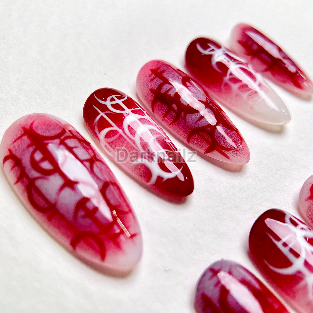Crimson Sigil Gothic Press-On Nails – Red Ombre Dark Symbol Fake Nails