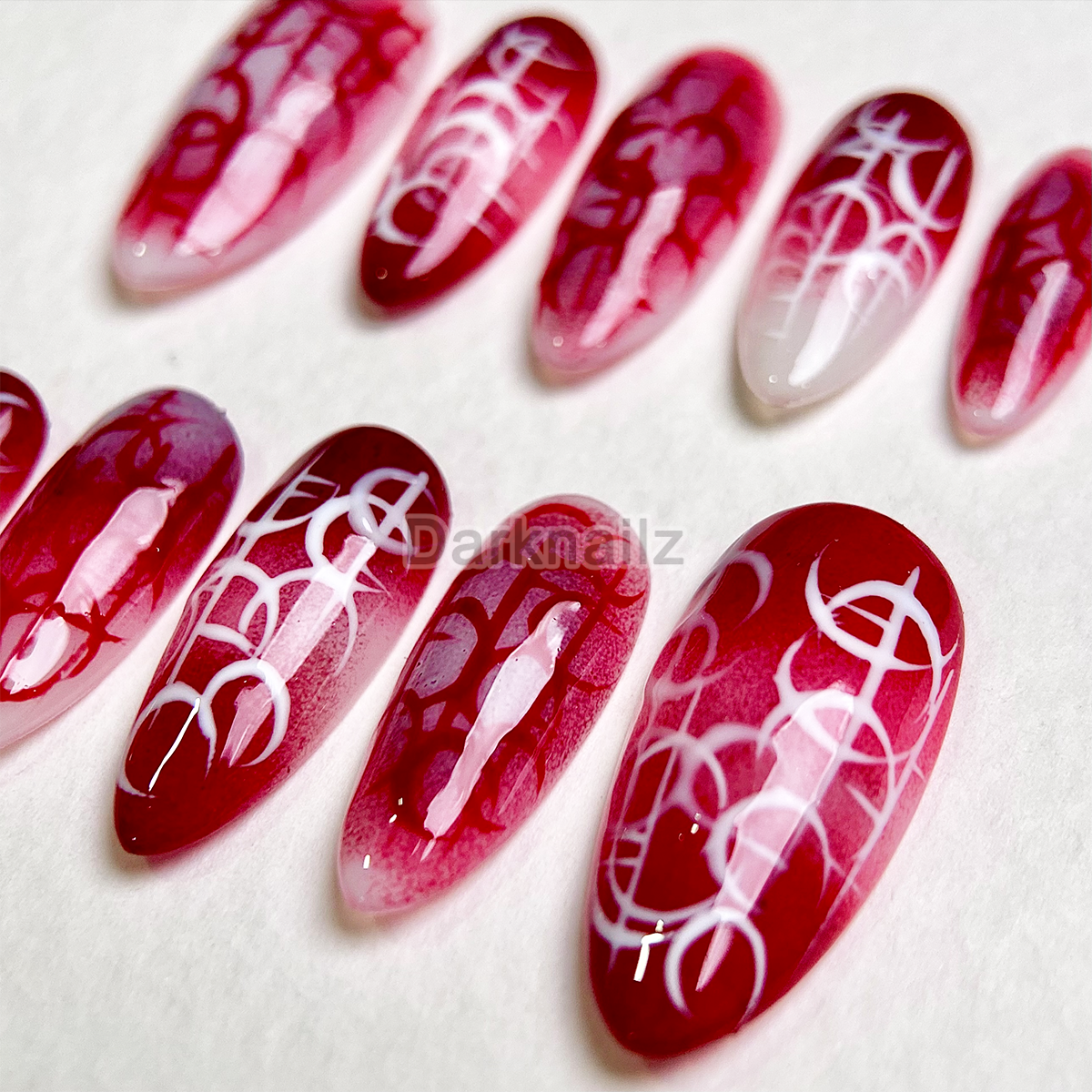 Crimson Sigil Gothic Press-On Nails – Red Ombre Dark Symbol Fake Nails