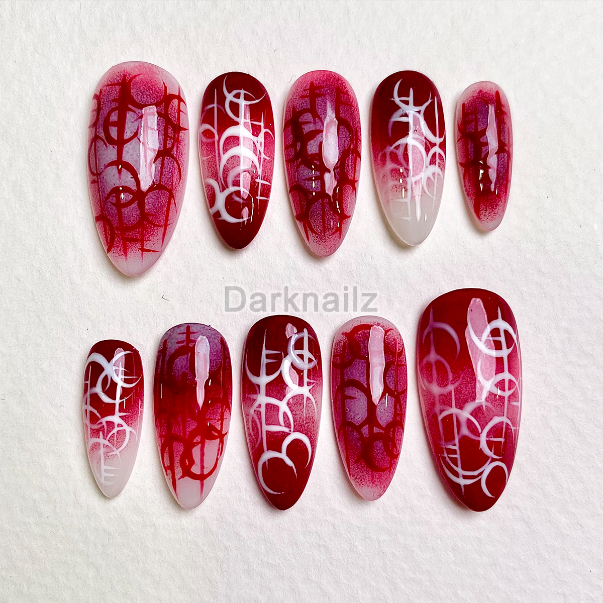 Crimson Sigil Gothic Press-On Nails – Red Ombre Dark Symbol Fake Nails