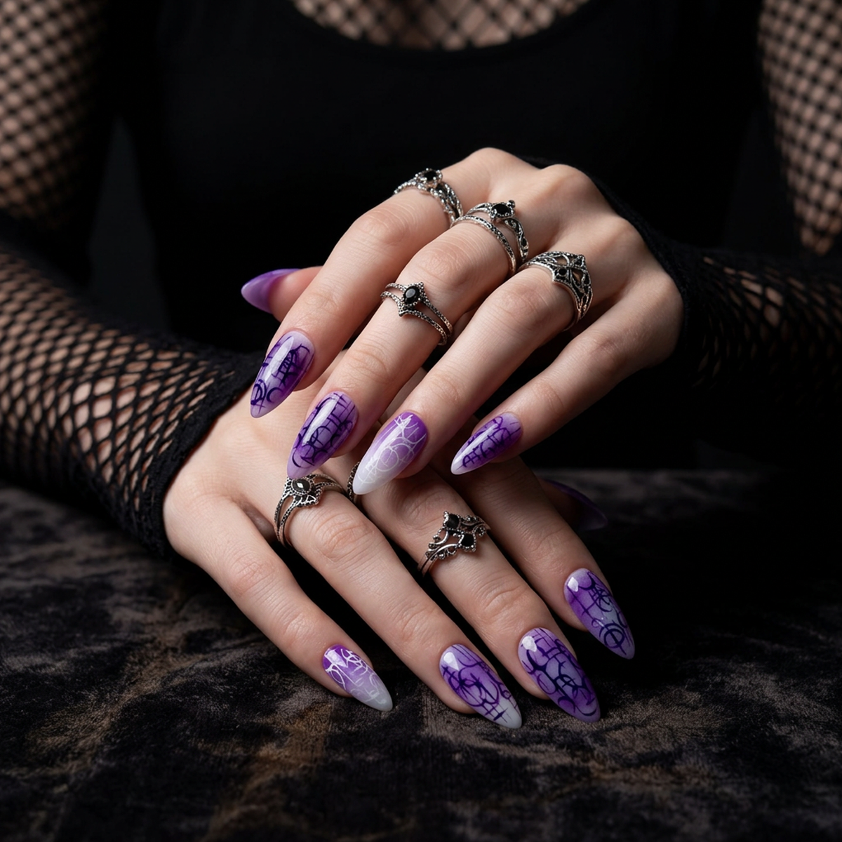 Violet Ritual – Purple Press-On Nails, Gothic Fake Nails with Dark Abstract Sigil Pattern