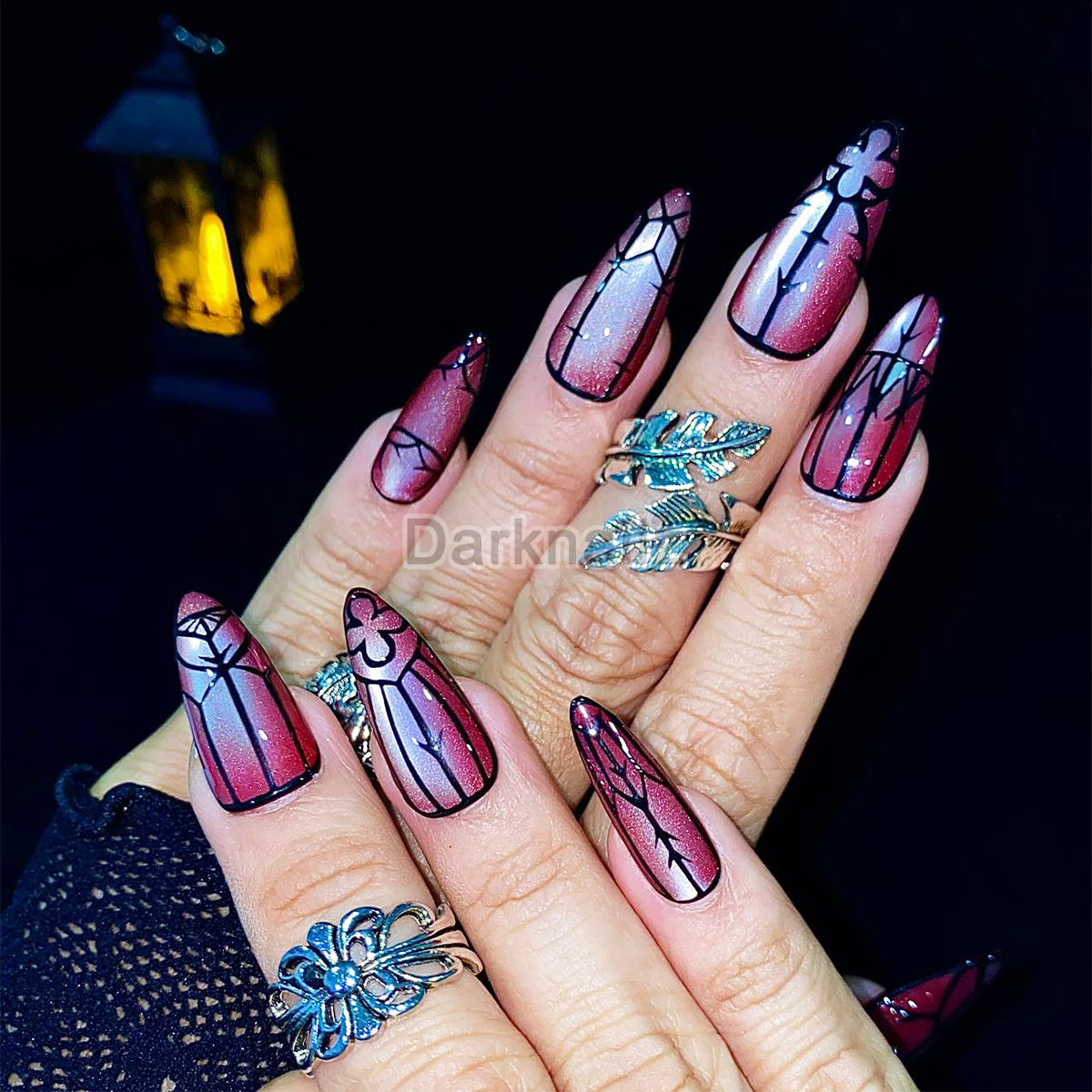 Crimson Gate – Red Cat Eye Press-On Nails, Gothic Fake Nails with Dark Gate Pattern