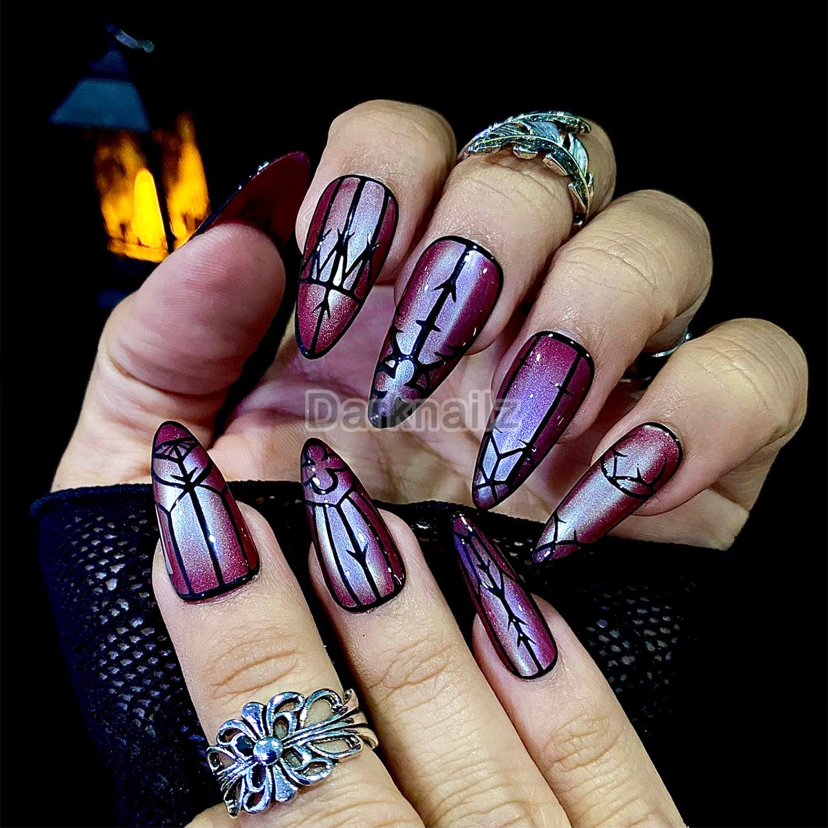 Crimson Gate – Red Cat Eye Press-On Nails, Gothic Fake Nails with Dark Gate Pattern