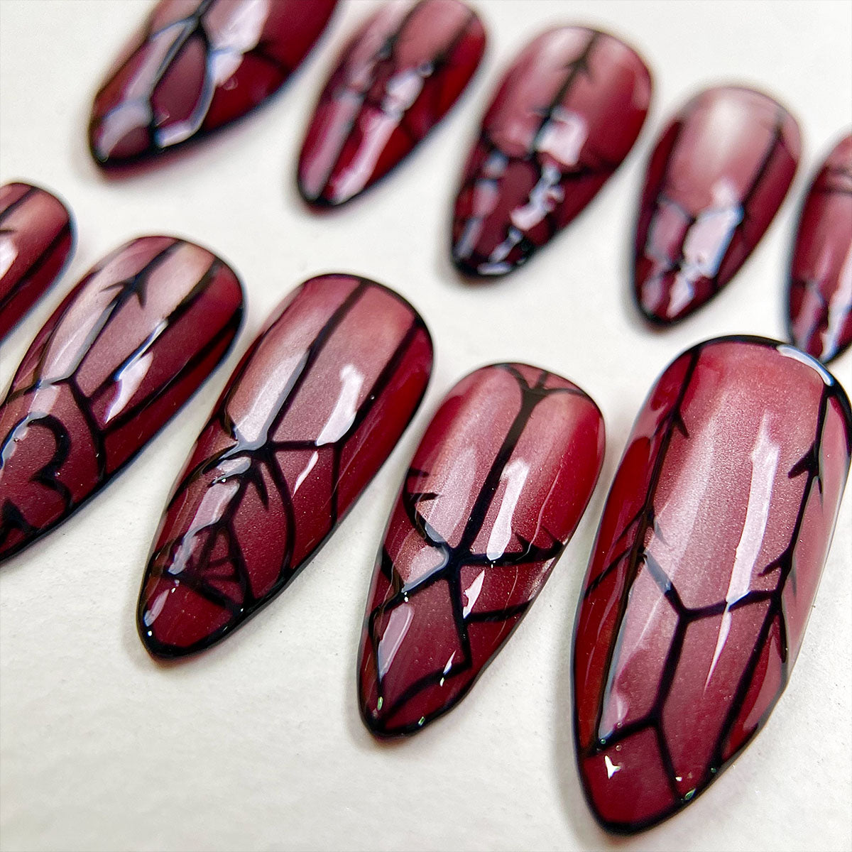 Crimson Gate – Red Cat Eye Press-On Nails, Gothic Fake Nails with Dark Gate Pattern