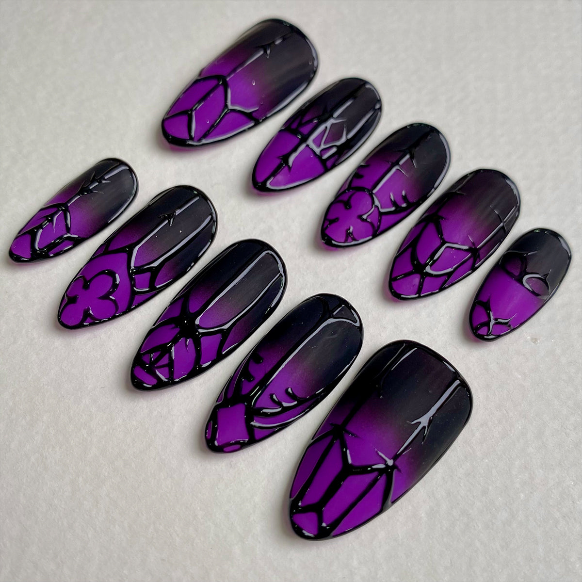 Darkgate Purple Ombre Press On Nails, Black Gothic Armor Fake Nails