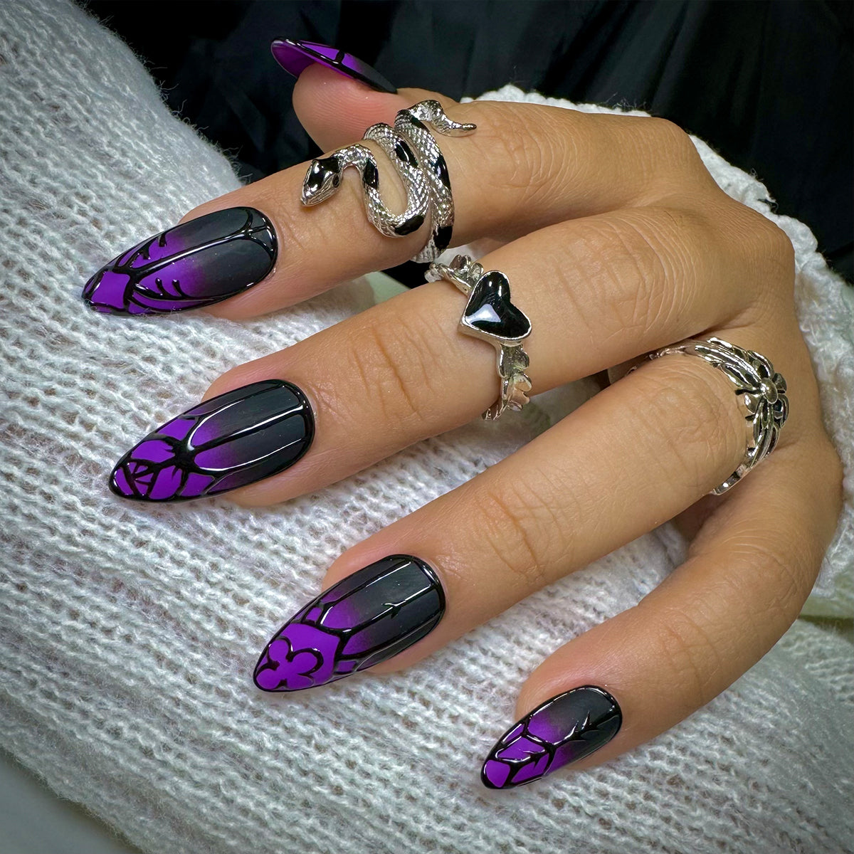 Darkgate Purple Ombre Press On Nails, Black Gothic Armor Fake Nails