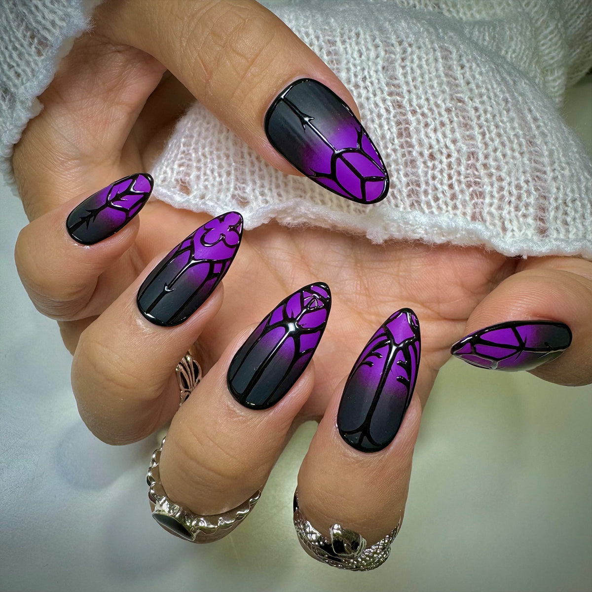 Darkgate Purple Ombre Press On Nails, Black Gothic Armor Fake Nails