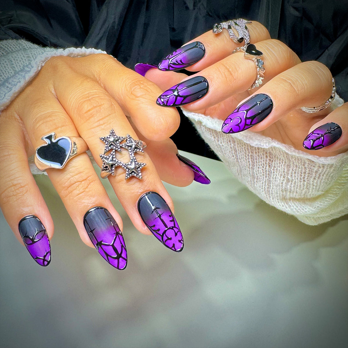 Darkgate Purple Ombre Press On Nails, Black Gothic Armor Fake Nails