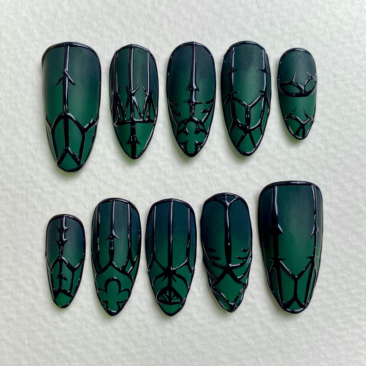 Enchanted Forest Gate Press-On Nails – Matte Green Fake Nails with Gothic Black Symbol Art