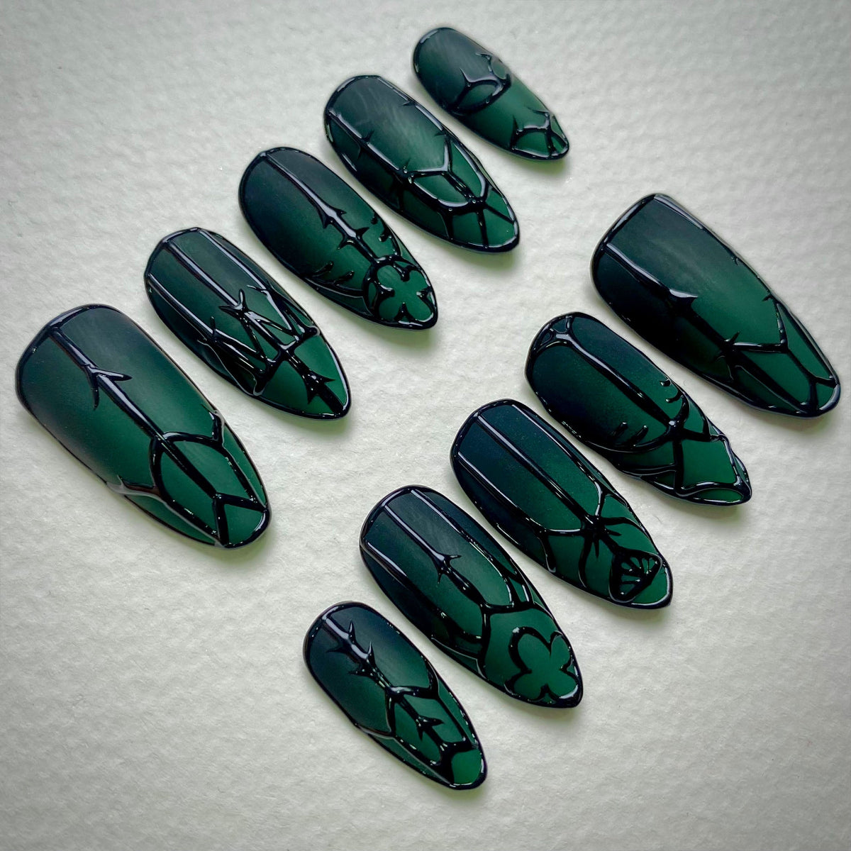 Enchanted Forest Gate Press-On Nails – Matte Green Fake Nails with Gothic Black Symbol Art
