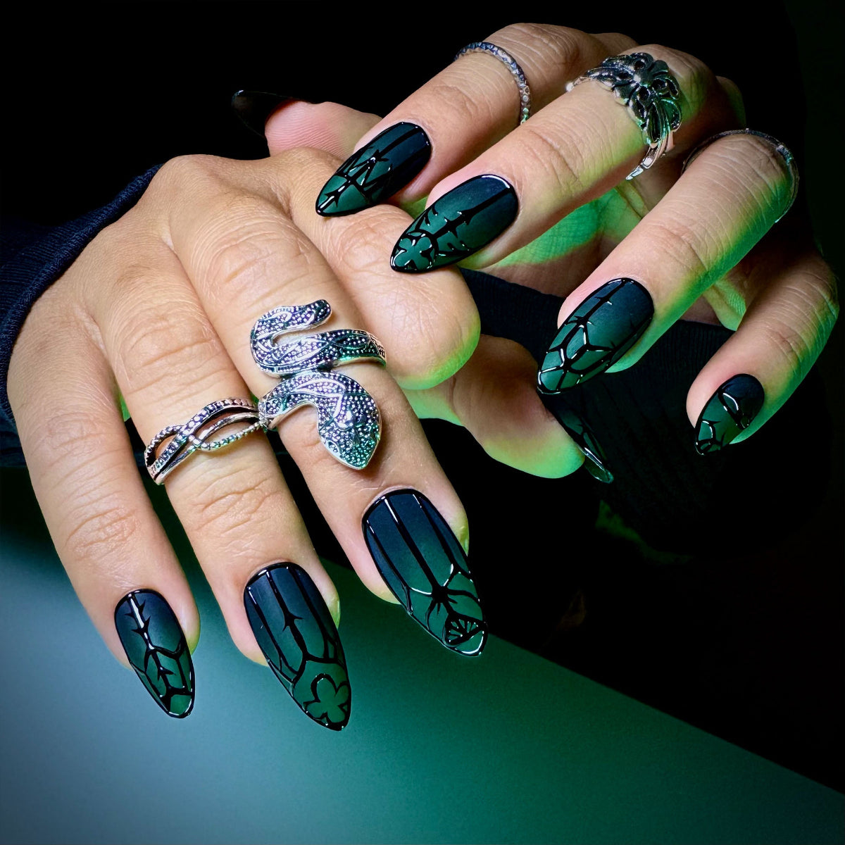 Enchanted Forest Gate Press-On Nails – Matte Green Fake Nails with Gothic Black Symbol Art