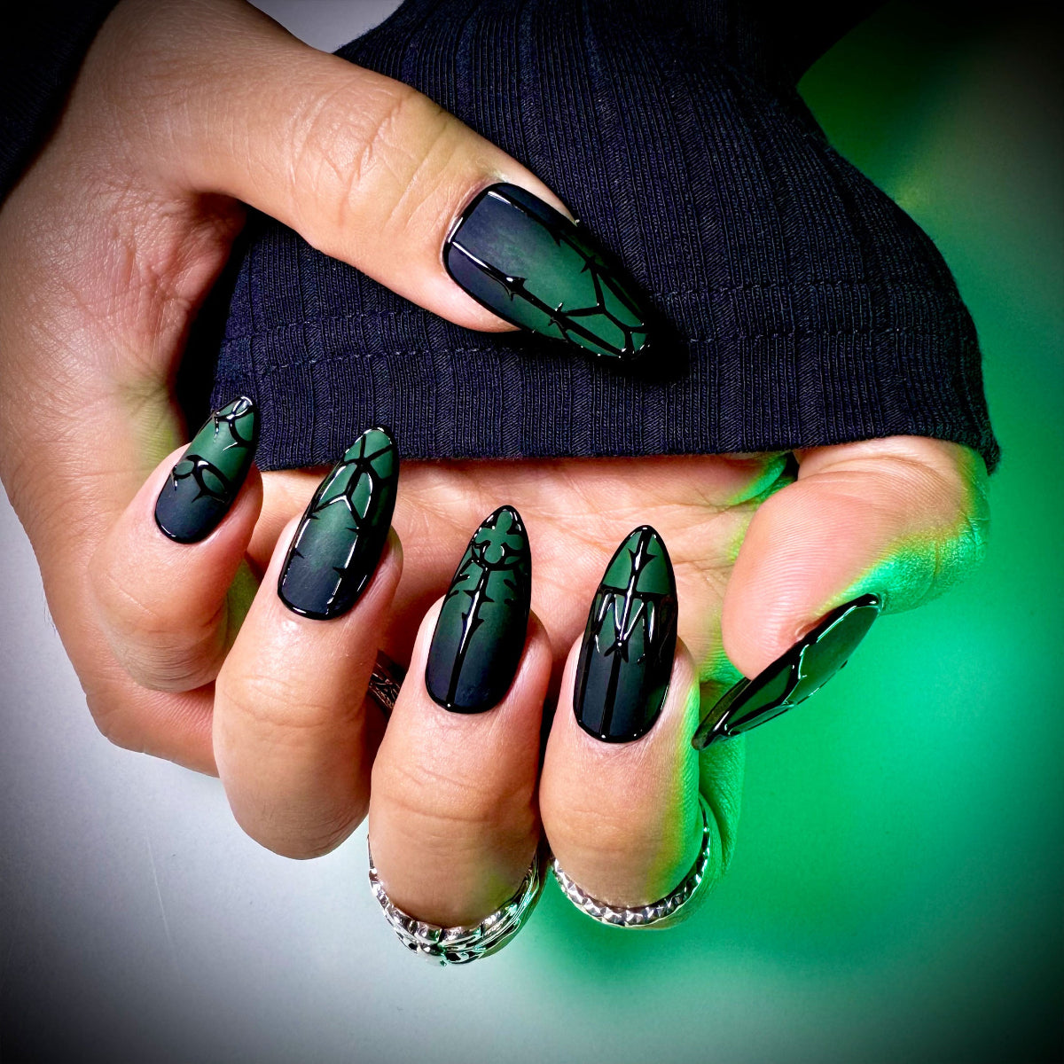 Enchanted Forest Gate Press-On Nails – Matte Green Fake Nails with Gothic Black Symbol Art