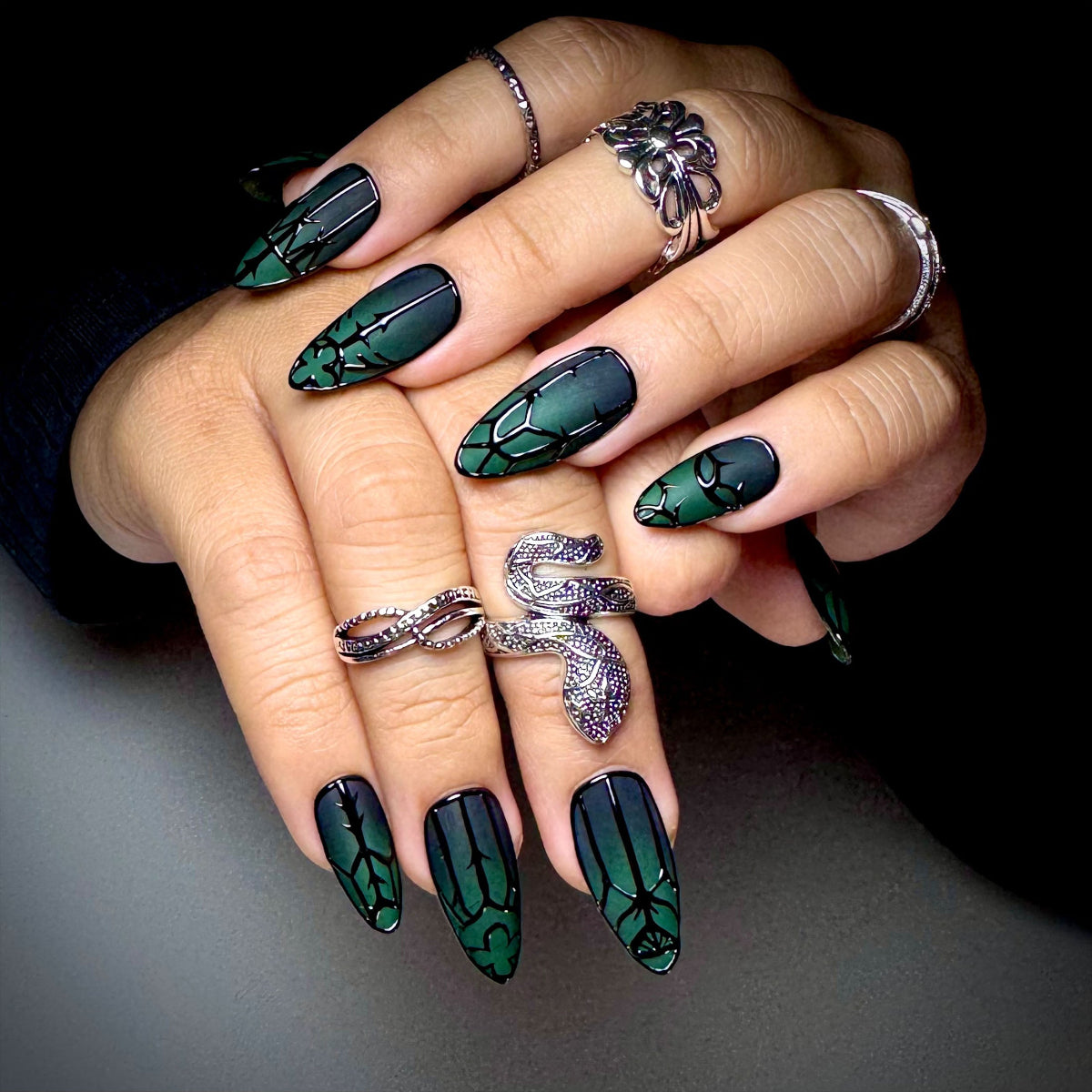 Enchanted Forest Gate Press-On Nails – Matte Green Fake Nails with Gothic Black Symbol Art
