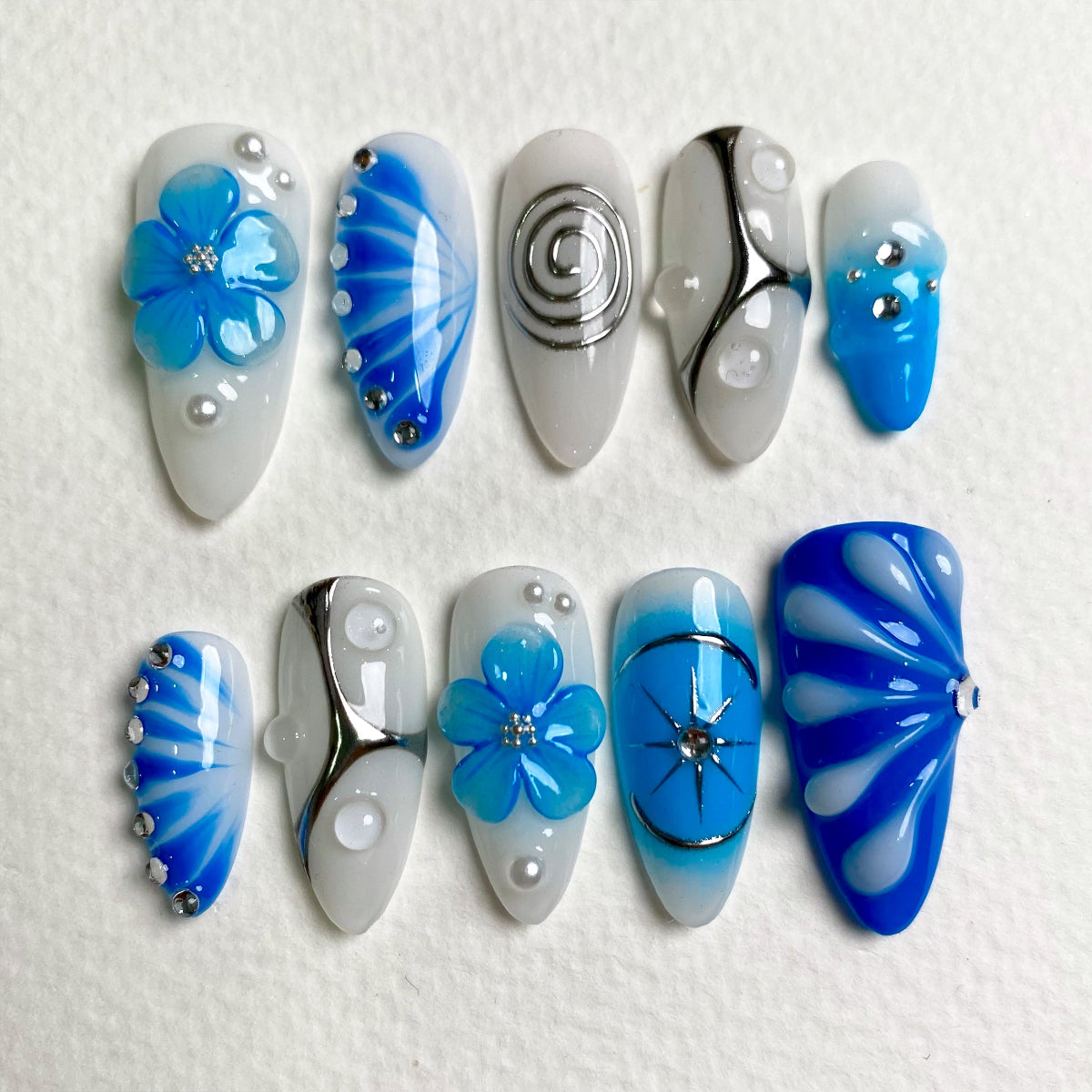 Custom Blue Flowers Press On Nails, Dark Floral Y2K Gel Goth Gothic Silver Chrome Fake Nails | Darknailz
