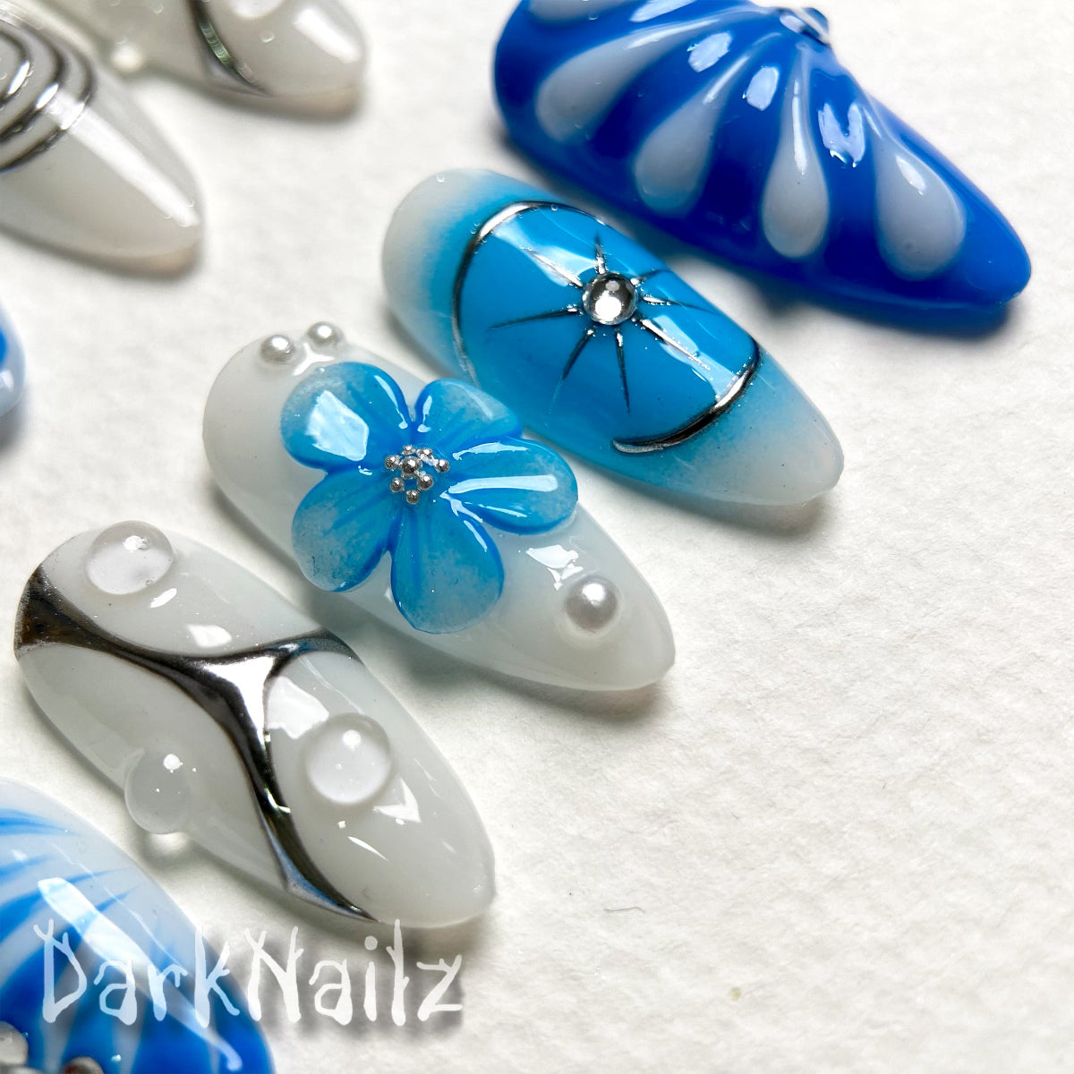 Custom Blue Flowers Press On Nails, Dark Floral Y2K Gel Goth Gothic Silver Chrome Fake Nails | Darknailz