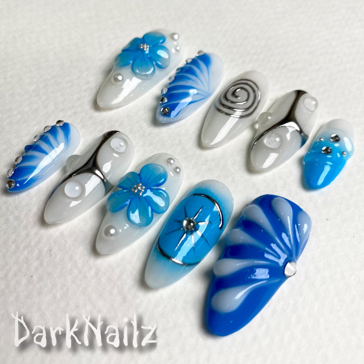 Custom Blue Flowers Press On Nails, Dark Floral Y2K Gel Goth Gothic Silver Chrome Fake Nails | Darknailz
