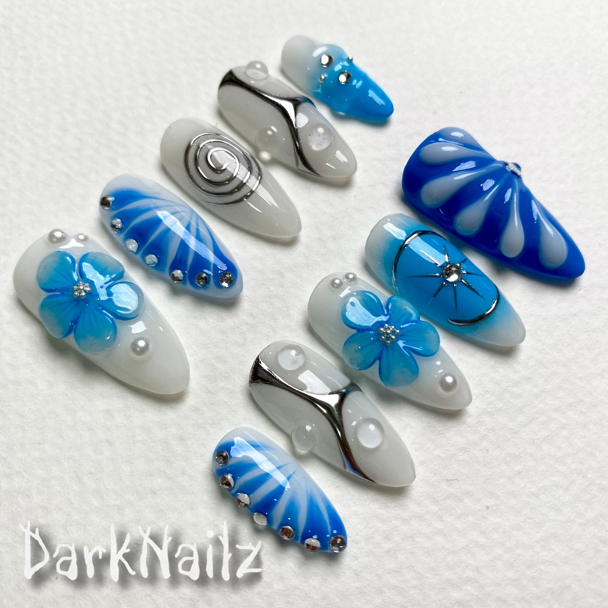 Custom Blue Flowers Press On Nails, Dark Floral Y2K Gel Goth Gothic Silver Chrome Fake Nails | Darknailz
