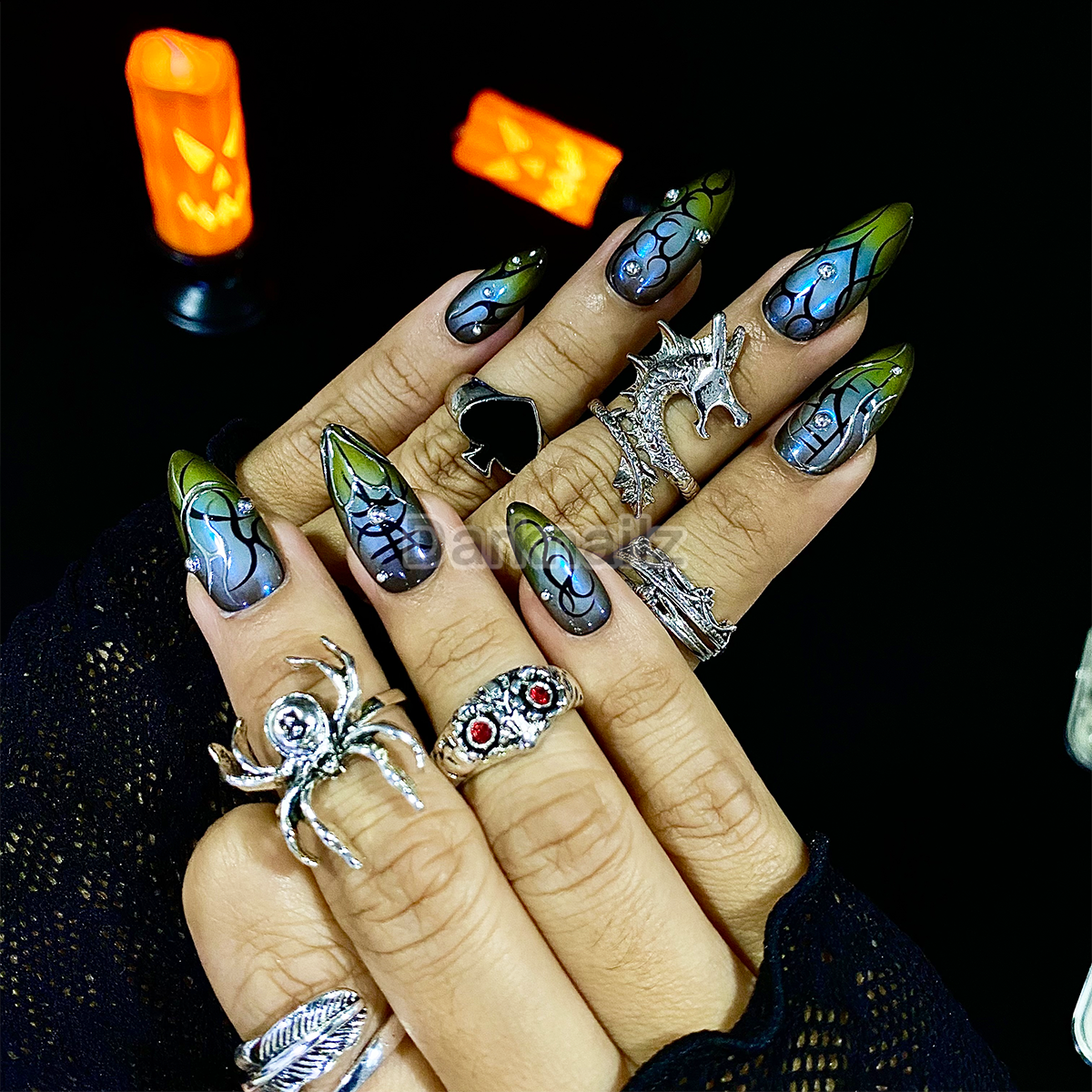 Custom Black Strokes Press On Nails, Gothic Punk Tattoo Nails, Goth Y2K Stunning Mirror Fake Nails | Darknailz