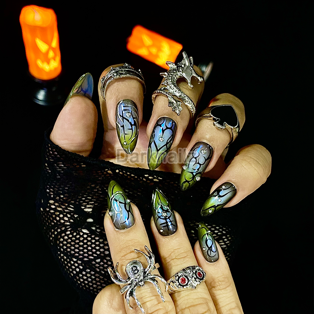 Custom Black Strokes Press On Nails, Gothic Punk Tattoo Nails, Goth Y2K Stunning Mirror Fake Nails | Darknailz