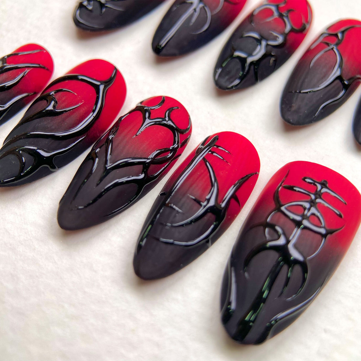 Crimson Sigil Press-On Nails – Matte Red Fake Nails with Gothic Symbols & Dark 3D Art