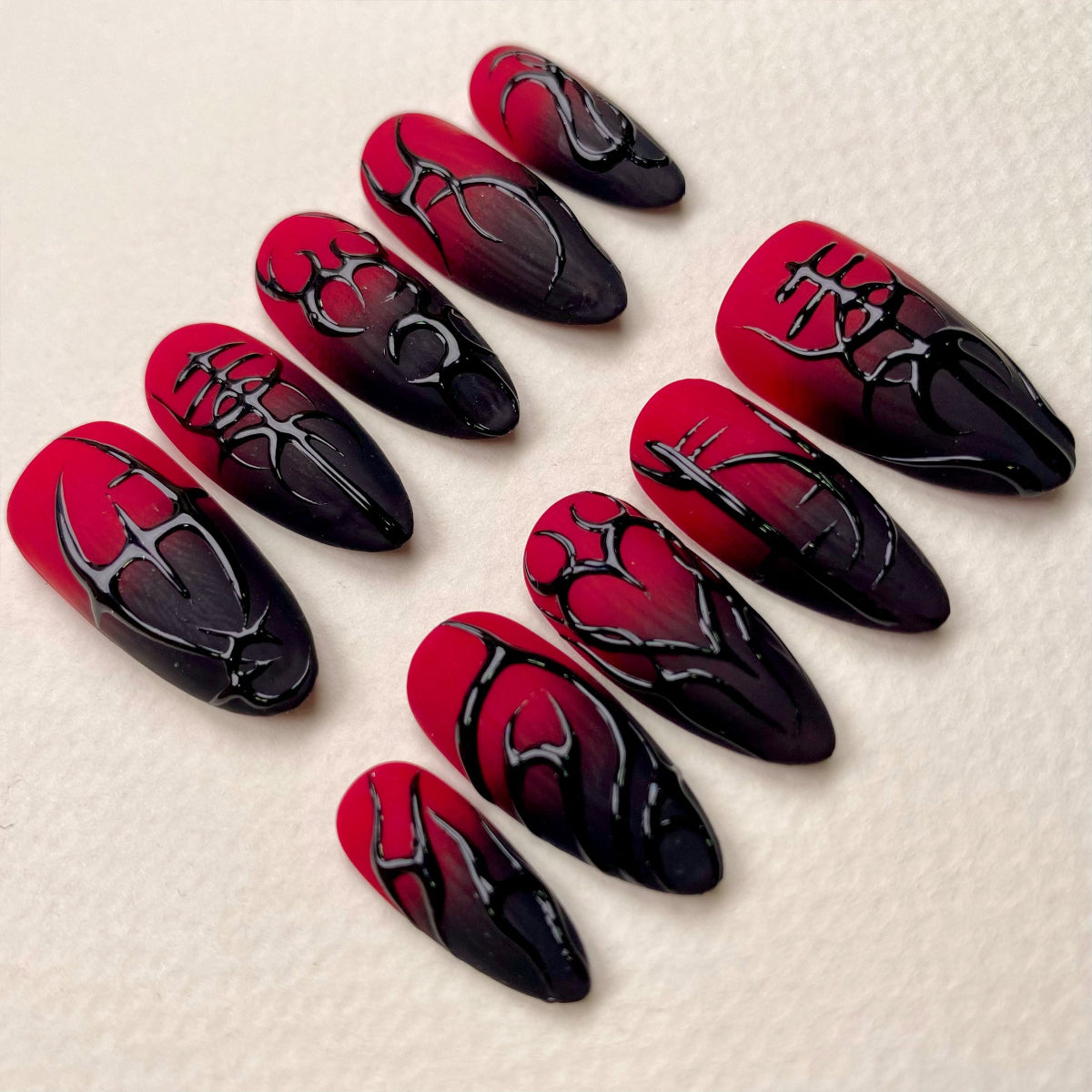Crimson Sigil Press-On Nails – Matte Red Fake Nails with Gothic Symbols & Dark 3D Art