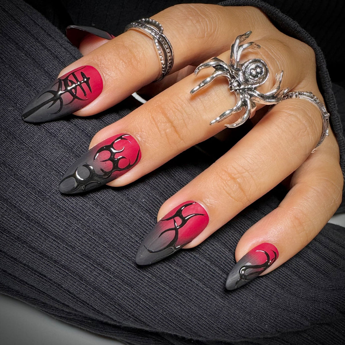 Crimson Sigil Press-On Nails – Matte Red Fake Nails with Gothic Symbols & Dark 3D Art