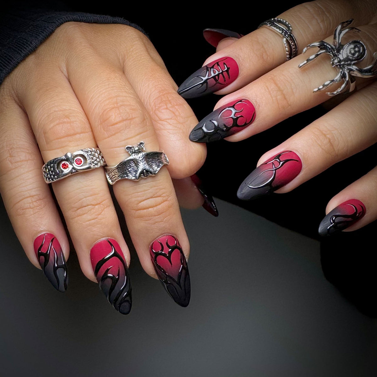 Crimson Sigil Press-On Nails – Matte Red Fake Nails with Gothic Symbols & Dark 3D Art