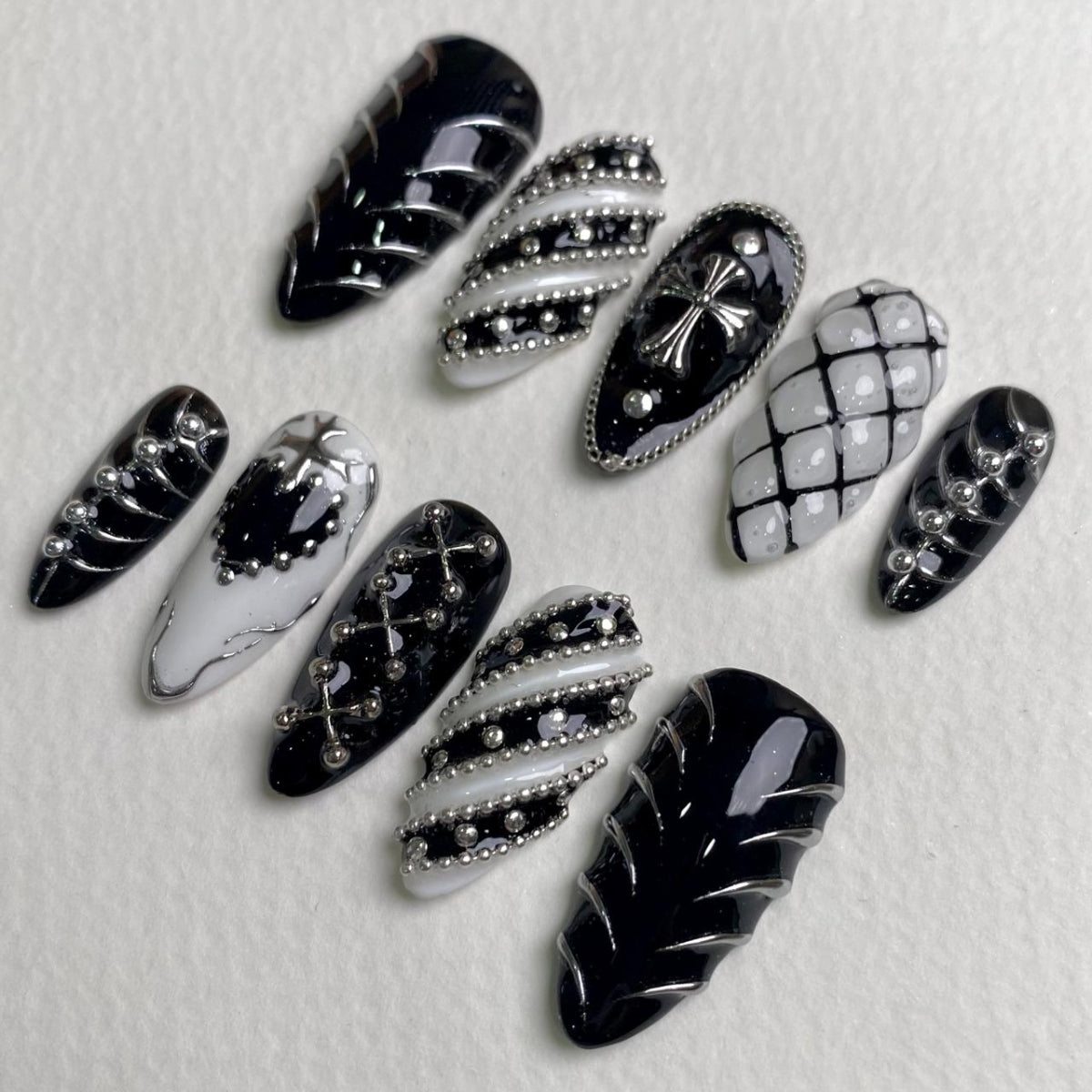 Steelthorn Gothic Black & White Press-On Nails – Fake Nails with Chrome Studs & Dark Edgy Vibe
