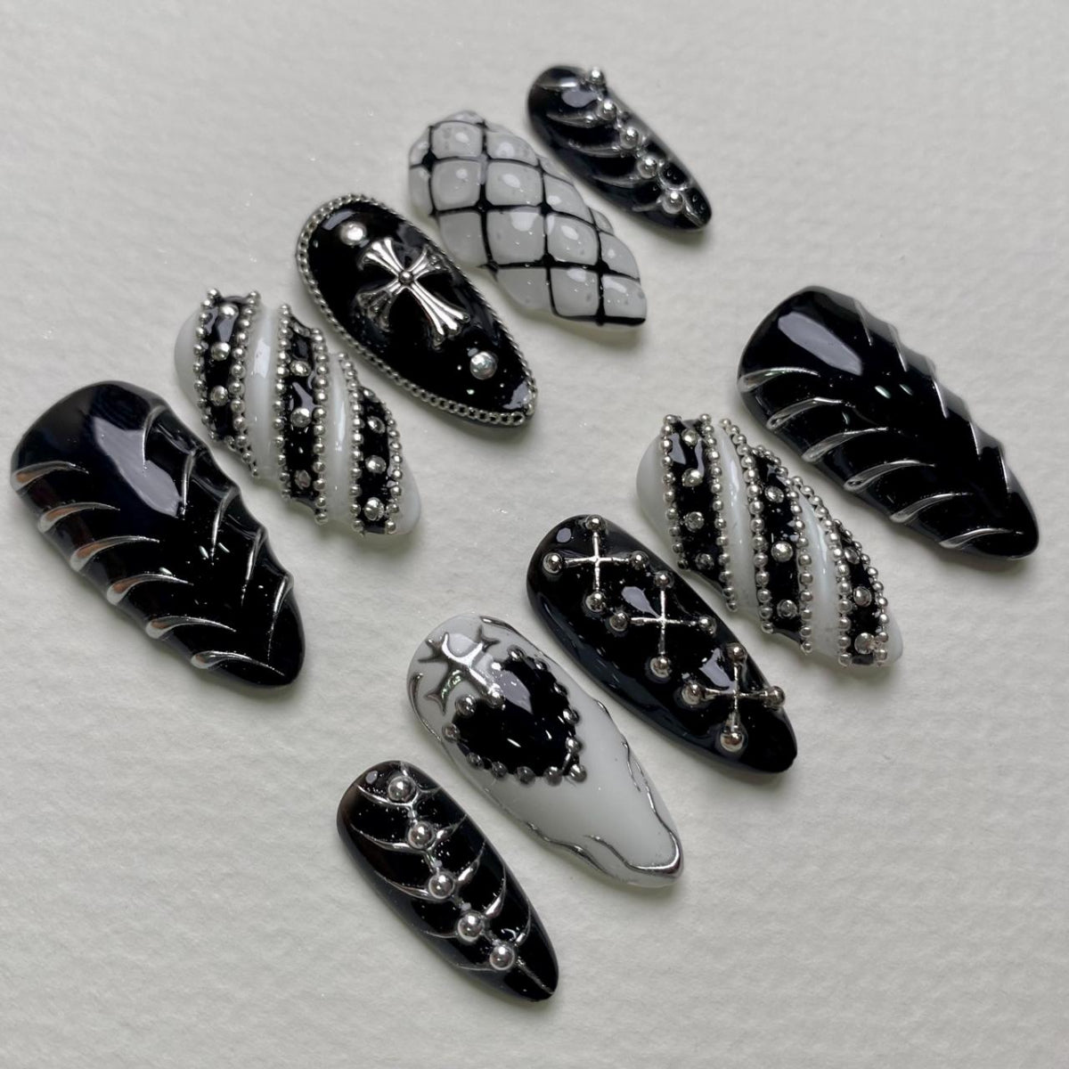 Steelthorn Gothic Black & White Press-On Nails – Fake Nails with Chrome Studs & Dark Edgy Vibe