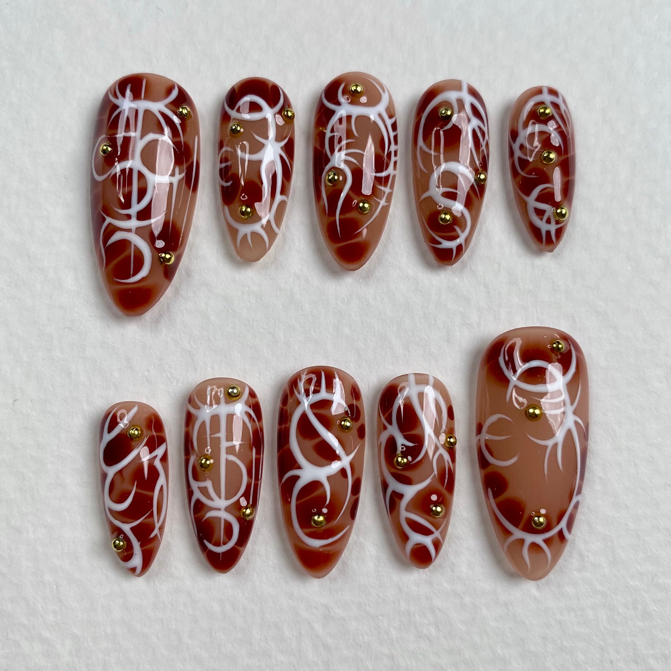 Blood Sigil Press-On Nails – Red White Tribal Gothic Fake Nails