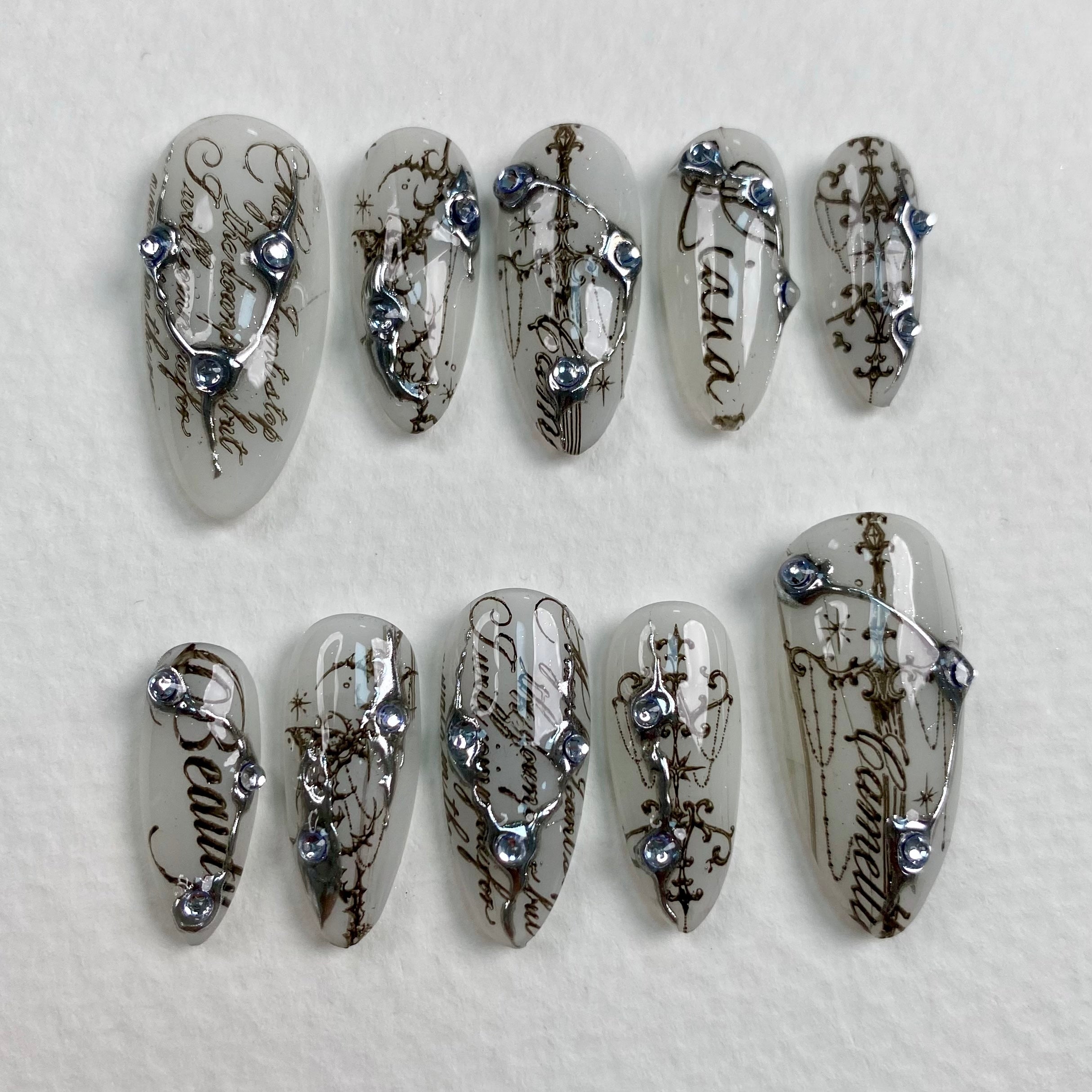 Dark Script Press-On Nails – Silver Chrome Gothic Fake Nails