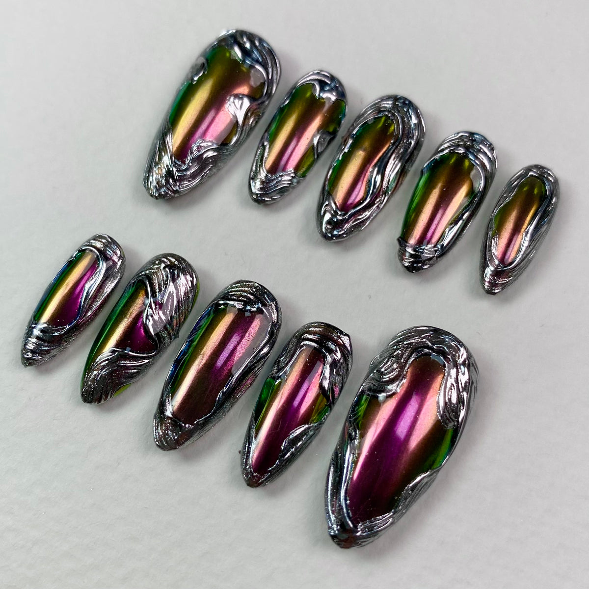 Dark Purple Chrome Mirror Glaze Press On Nails, Gothic Silver Chrome Fake Nails