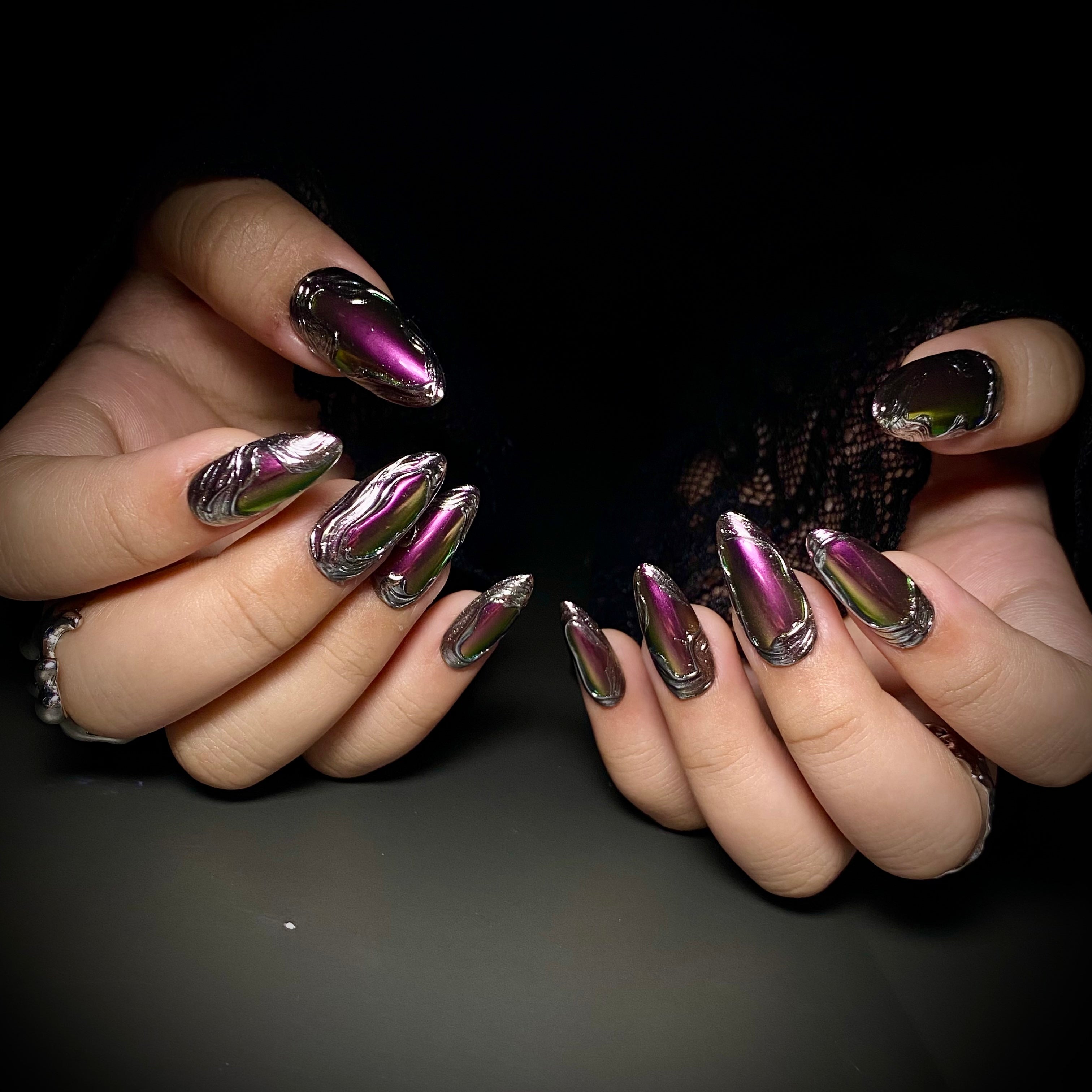 Dark Purple Chrome Mirror Glaze Press On Nails, Gothic Silver Chrome Fake Nails