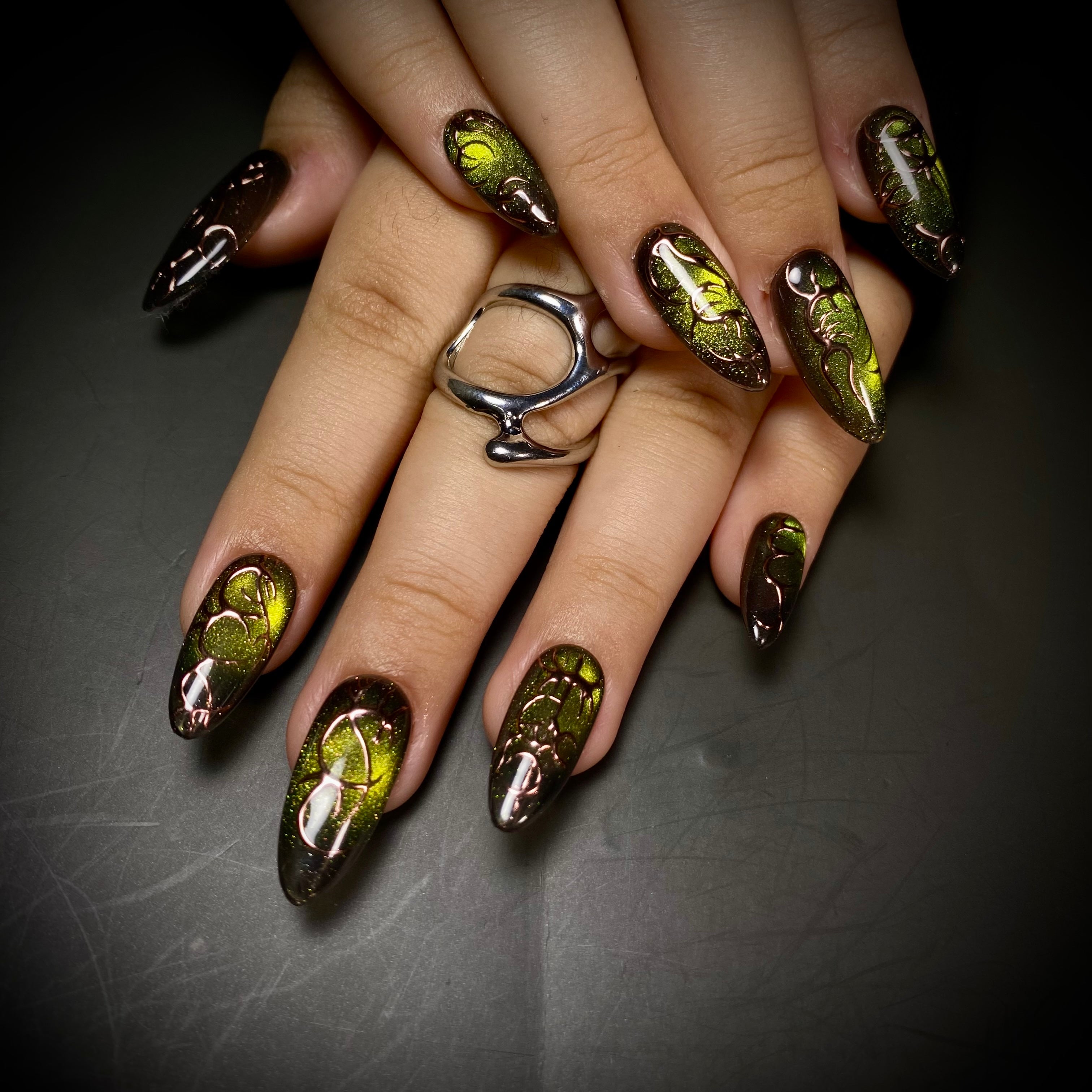 Poison Green Cyber Press-On Nails – Metallic Bronze Tribal Gothic Fake Nails