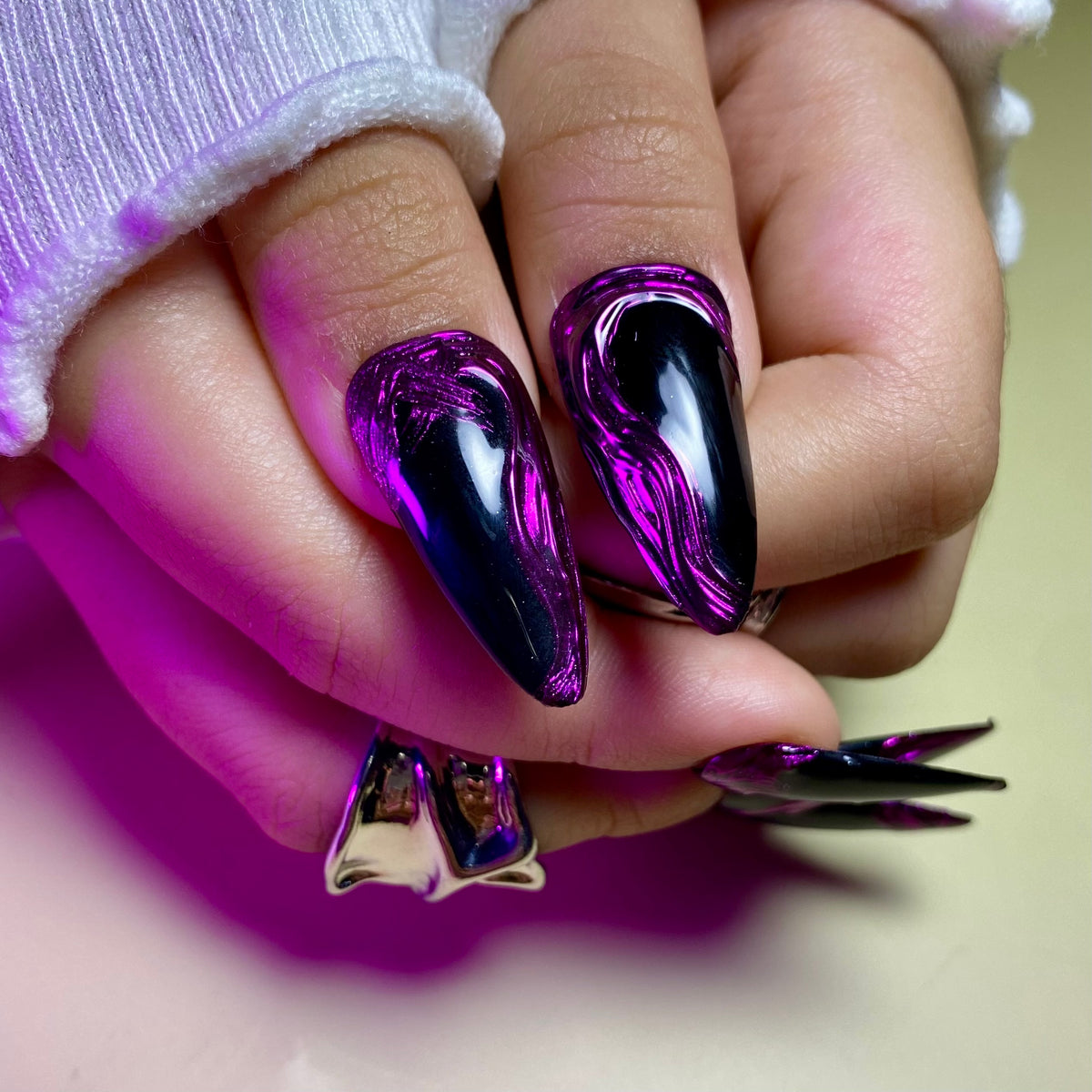 Purple Chrome Press-On Nails – Black Metallic 3D Gothic Fake Nails